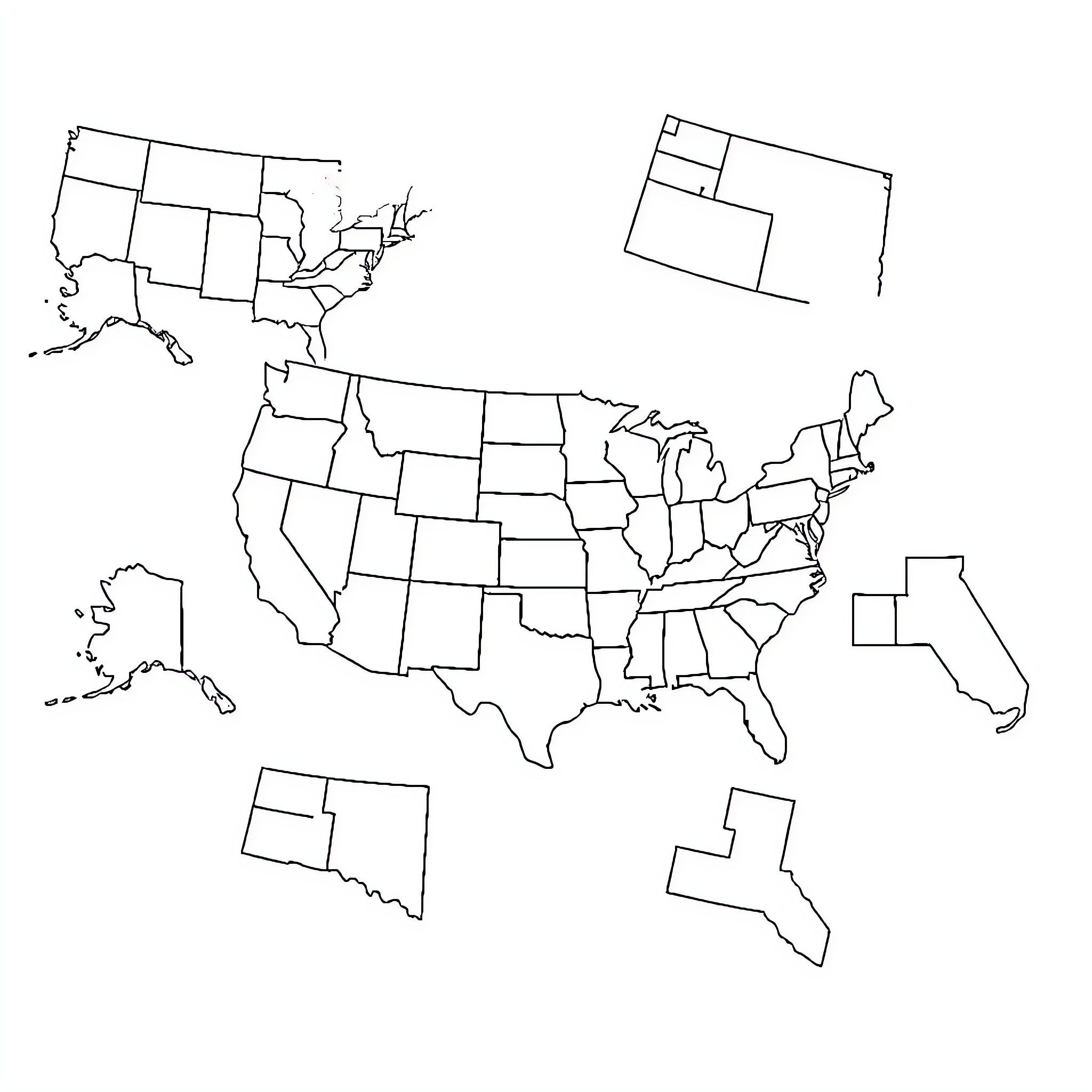 United States map with state outlines Coloring Page (free black-and-white line drawing printable PDF for all, from beginners to advanced learners, including children, teens, adults, and seniors)