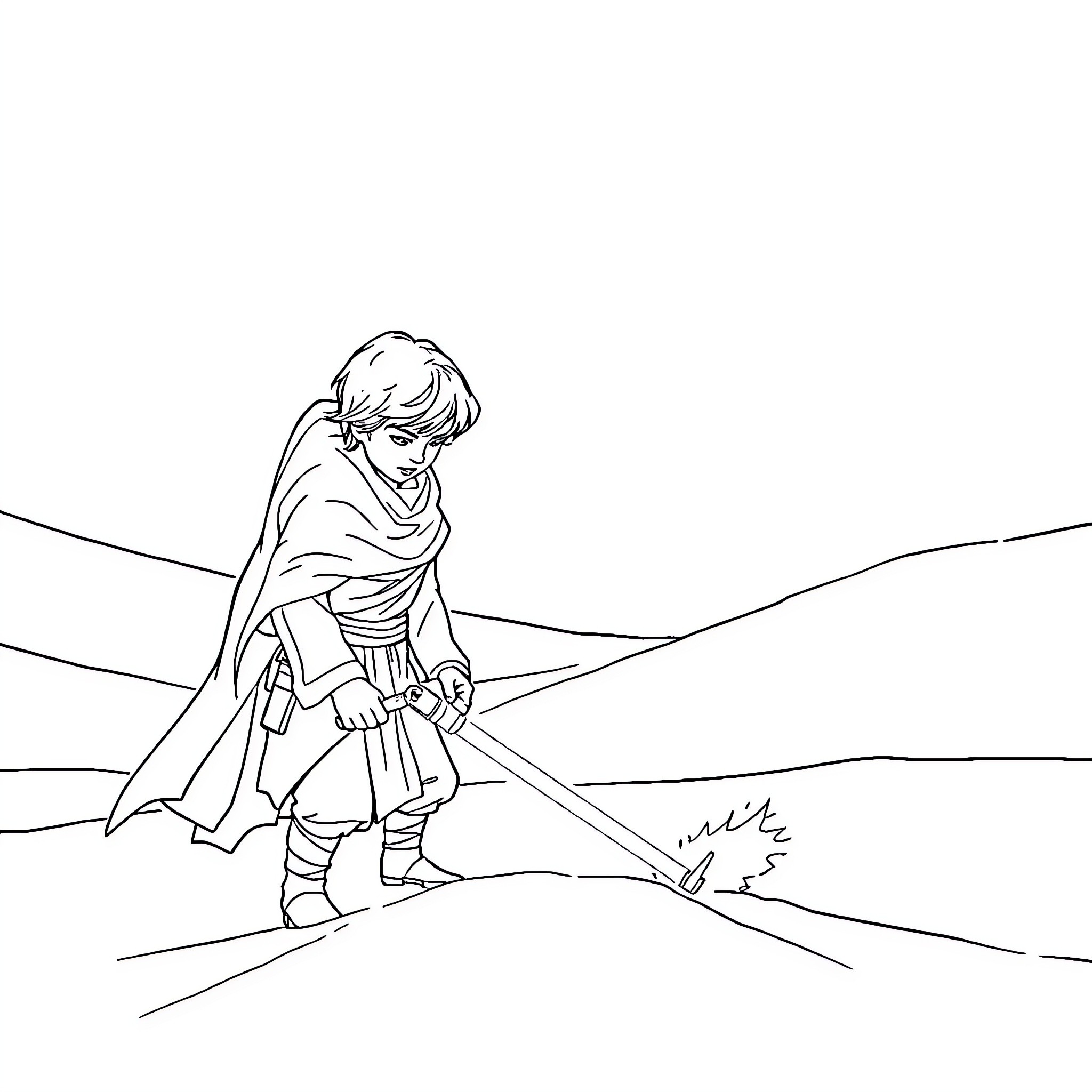 Anakin's Perilous Journey Through the Desolate Landscape Coloring Page (free black-and-white line drawing printable PDF for all, from beginners to advanced learners, including children, teens, adults, and seniors)