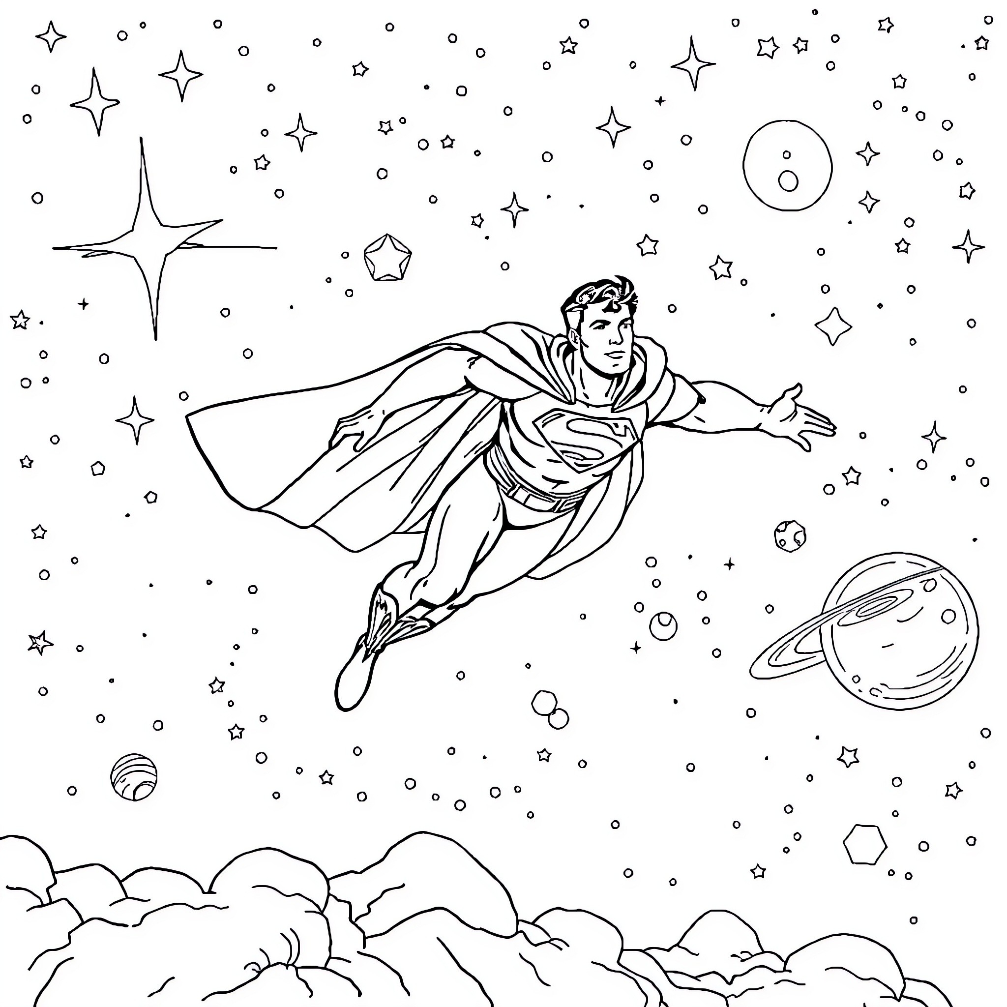 Superman soaring through the cosmos with cosmic elements Coloring Page (free black-and-white line drawing printable PDF for all, from beginners to advanced learners, including children, teens, adults, and seniors)