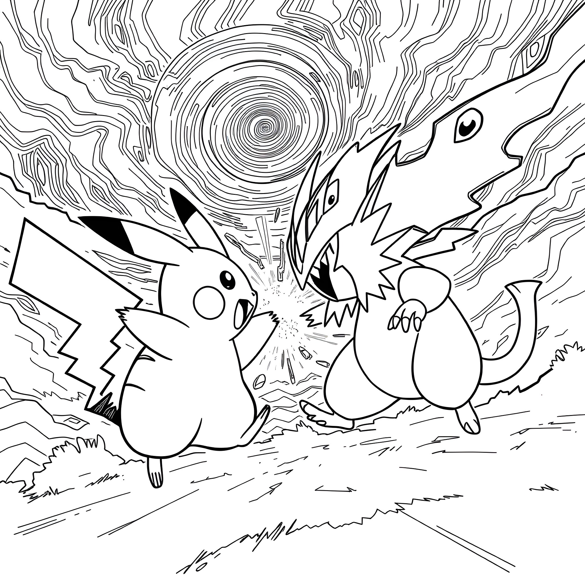 Pikachu battling fiercely with Raichu in a swirling vortex Coloring Page (free black-and-white line drawing printable PDF for all, from beginners to advanced learners, including children, teens, adults, and seniors)