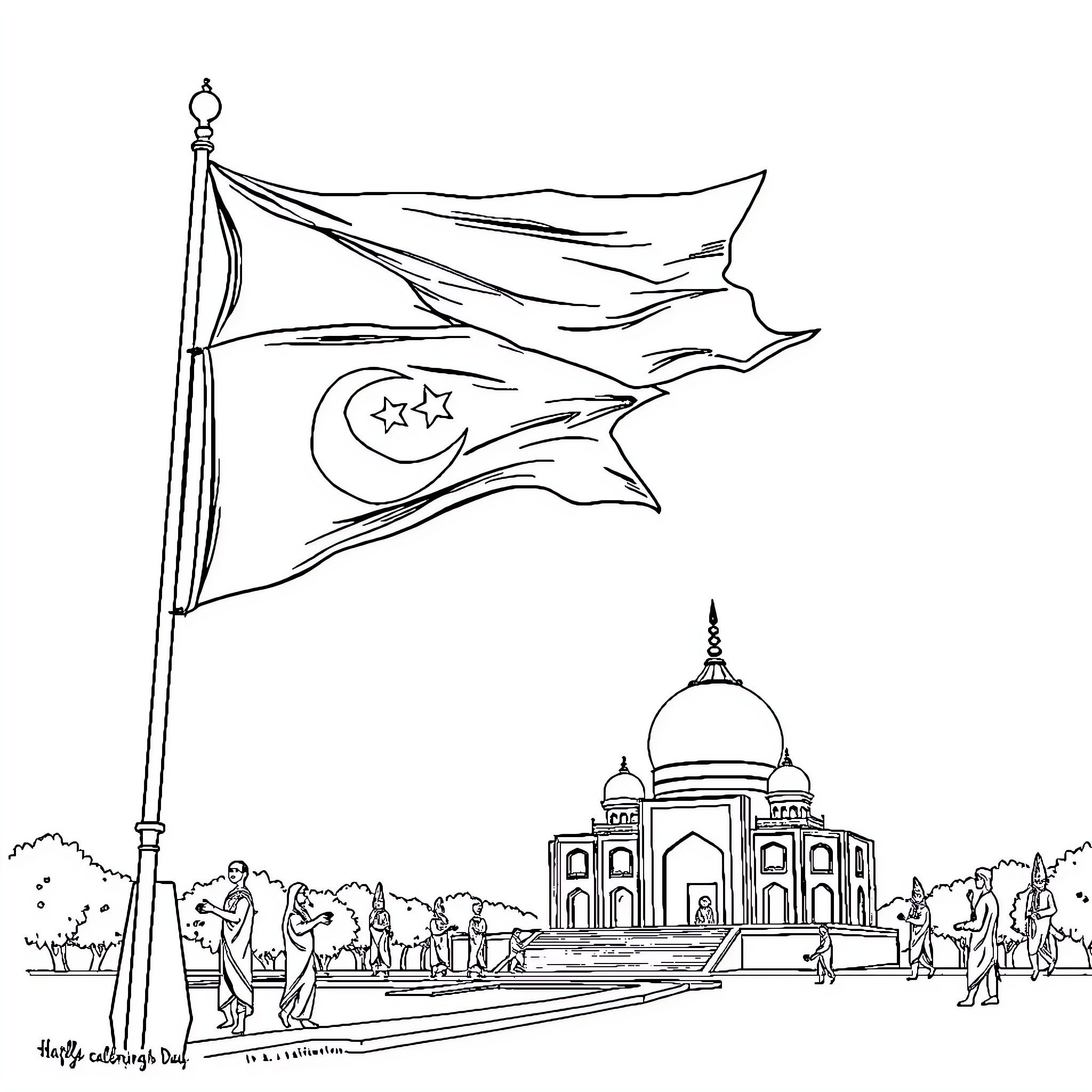 Pakistan's Iconic Landmarks and Waving Flag Coloring Page (free black-and-white line drawing printable PDF for all, from beginners to advanced learners, including children, teens, adults, and seniors)