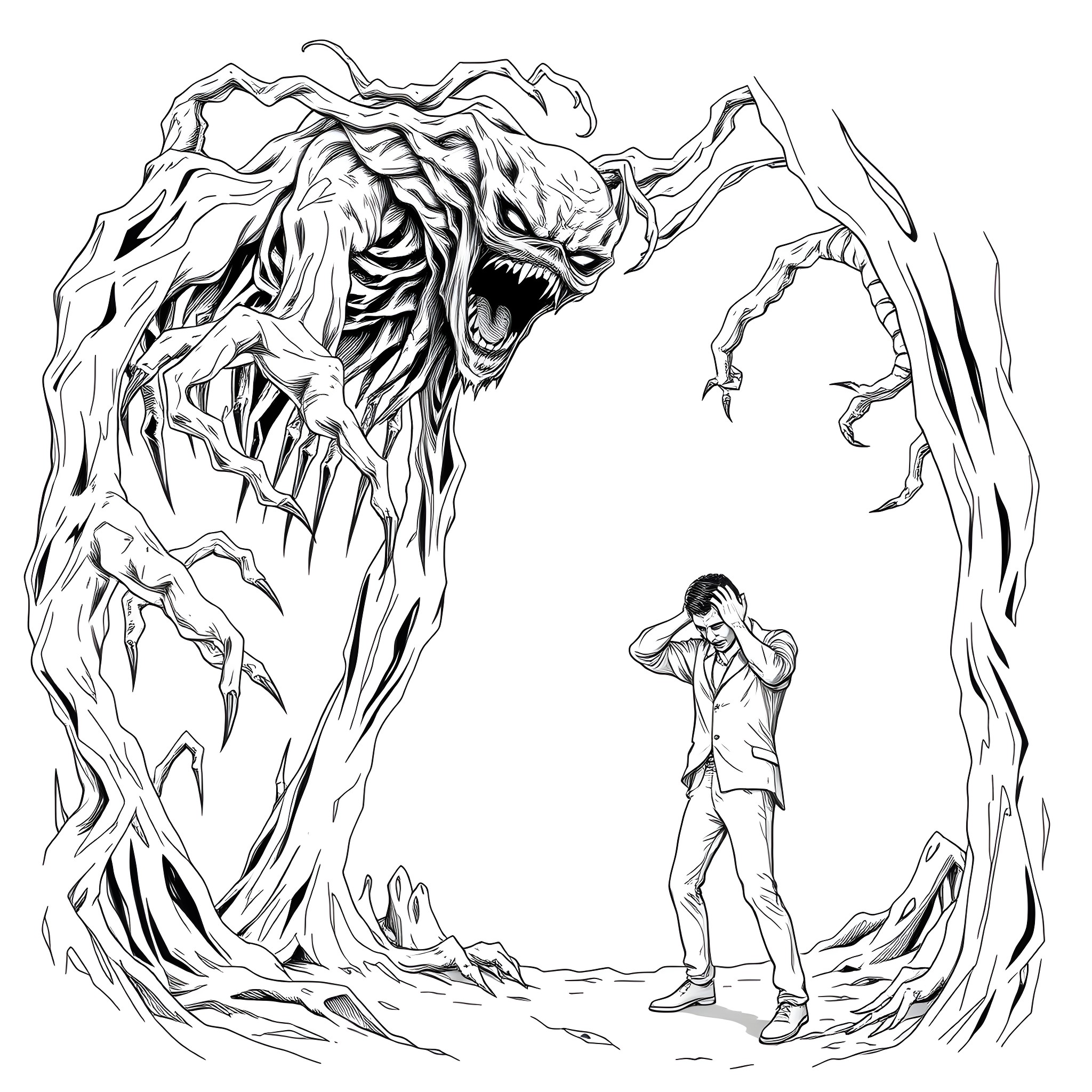 Eldritch Being Looming over Terrified Man Coloring Page (free black-and-white line drawing printable PDF for all, from beginners to advanced learners, including children, teens, adults, and seniors)