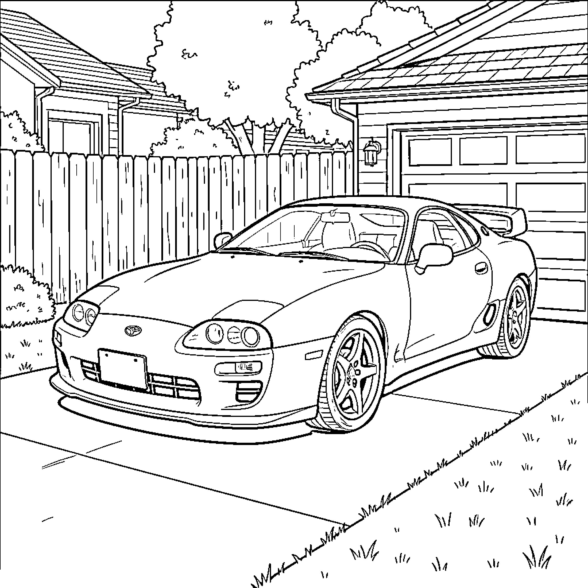 Toyota Supra parked in a residential driveway Coloring Page (free black-and-white line drawing printable PDF for all, from beginners to advanced learners, including children, teens, adults, and seniors)