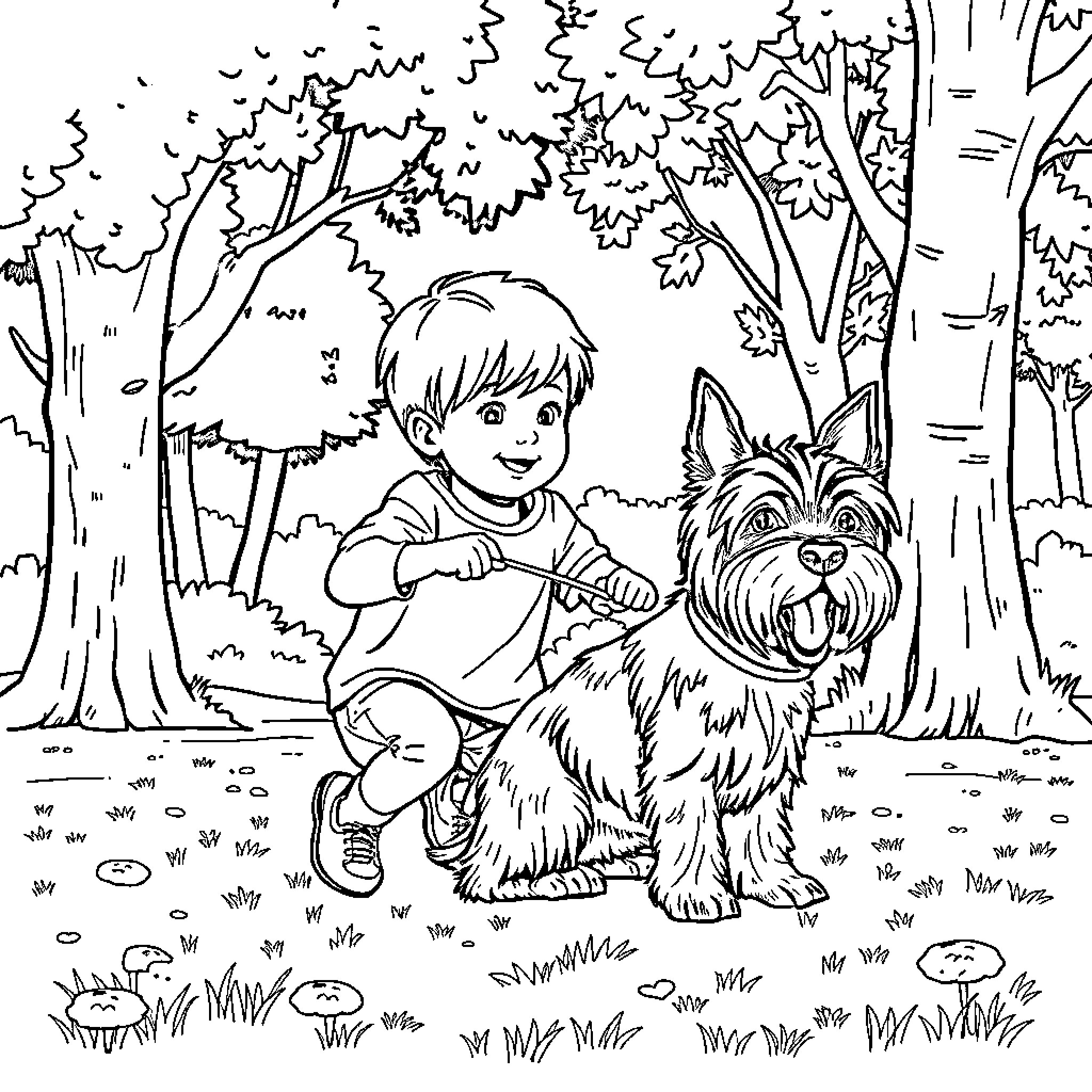 Child playing with friendly dog in forest Coloring Page (free black-and-white line drawing printable PDF for all, from beginners to advanced learners, including children, teens, adults, and seniors)