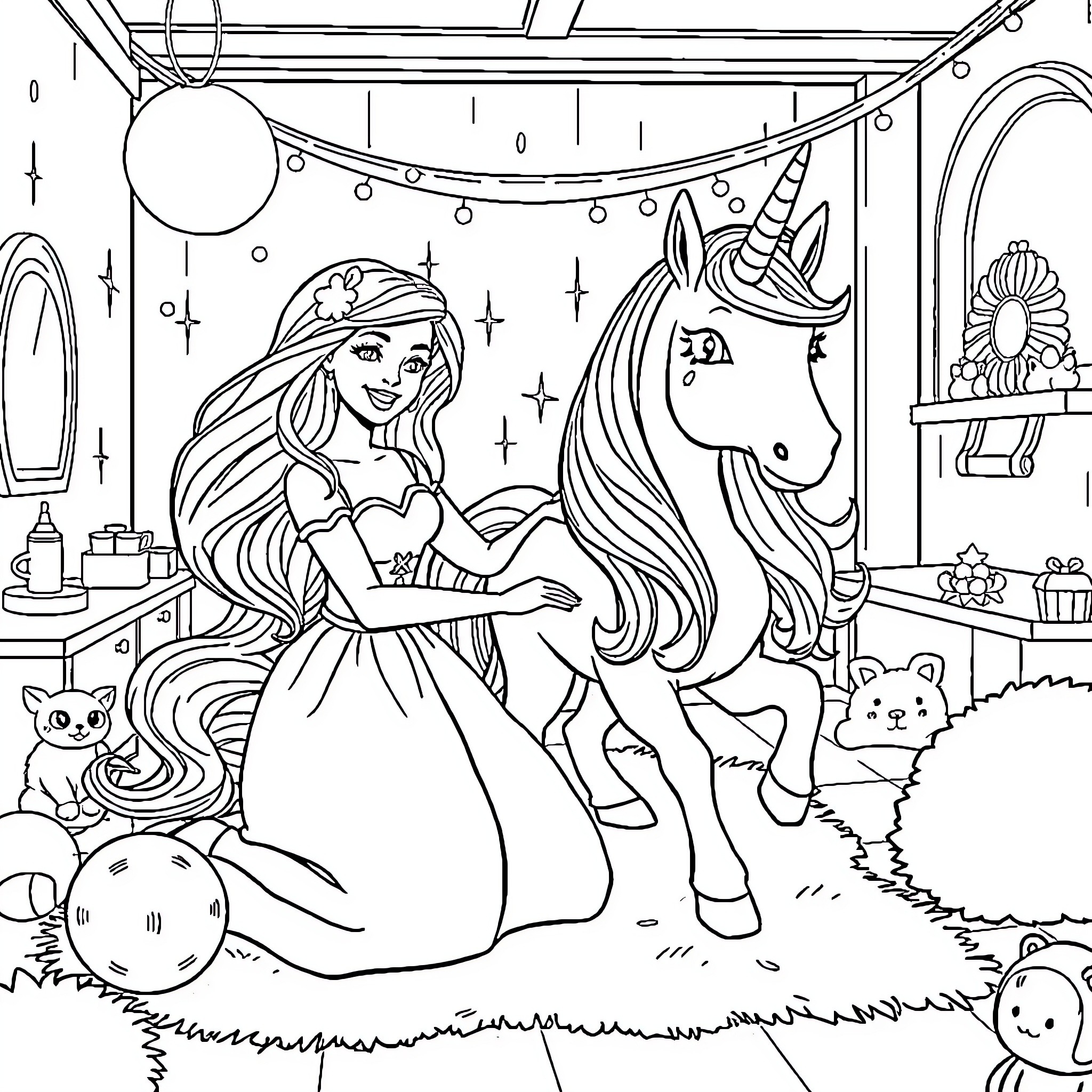 Barbie's magical unicorn adventure in her fantasy room Coloring Page (free black-and-white line drawing printable PDF for all, from beginners to advanced learners, including children, teens, adults, and seniors)