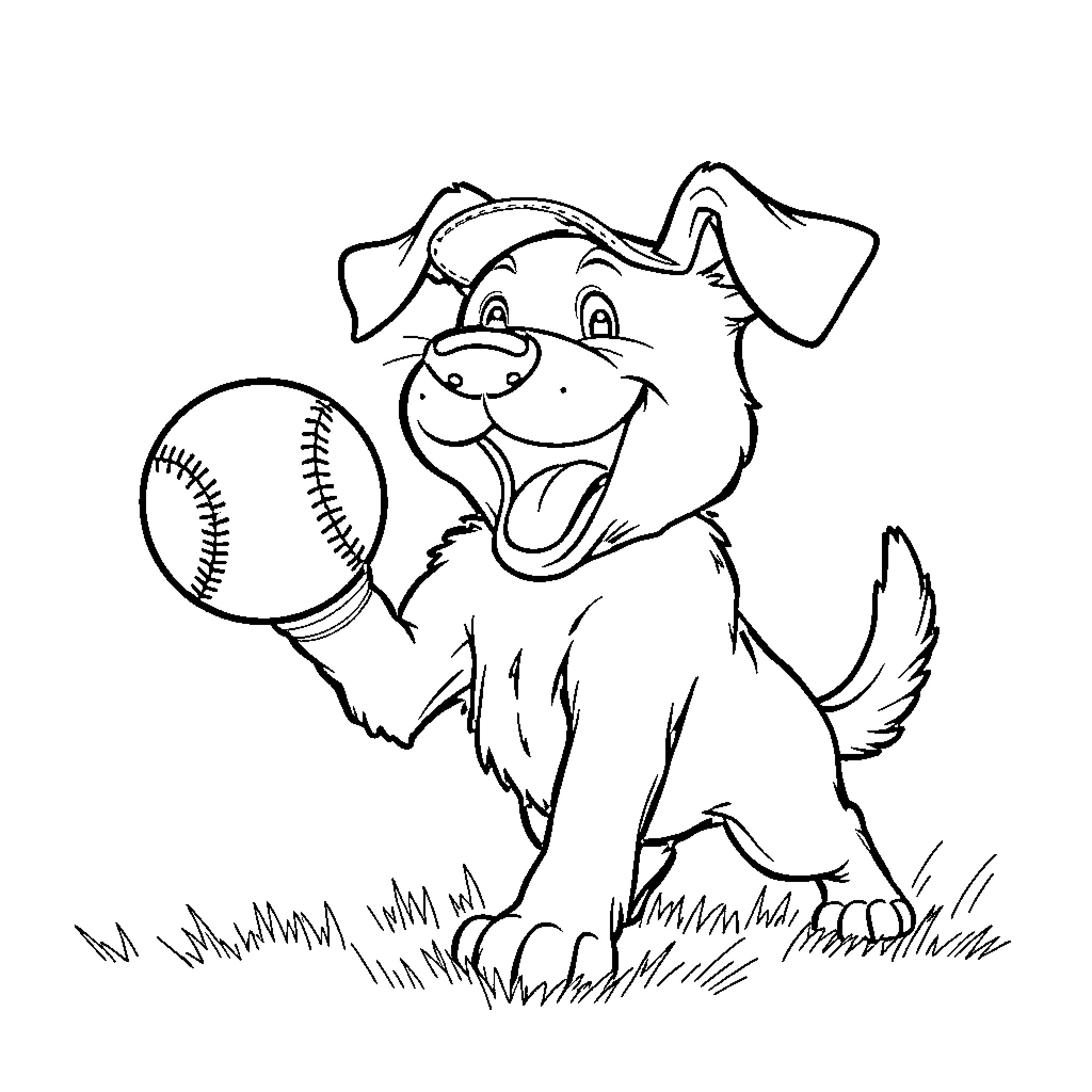 Dog happily playing with baseball on grass Coloring Page (free black-and-white line drawing printable PDF for all, from beginners to advanced learners, including children, teens, adults, and seniors)