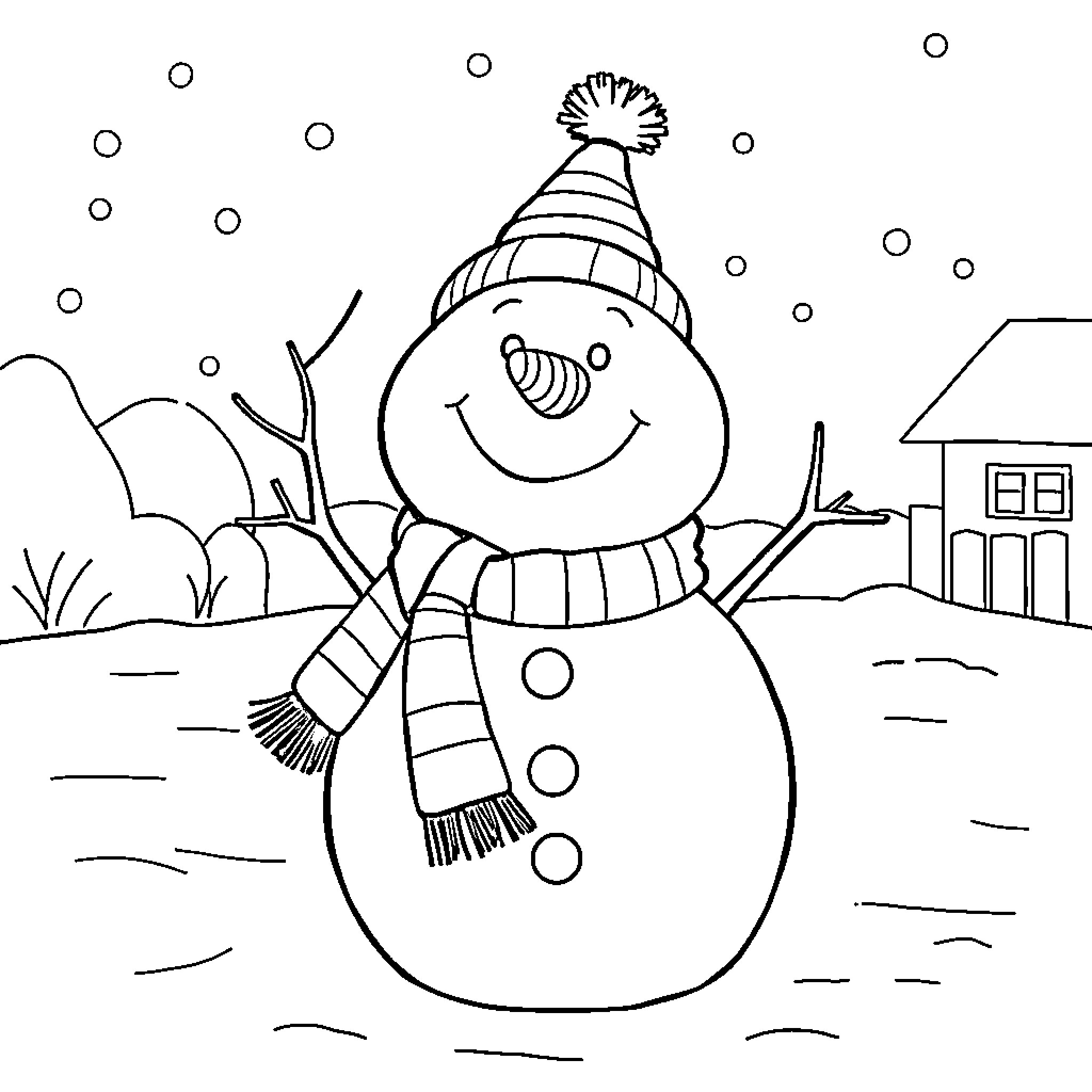 Snowman Cheerfully Standing in Winter Landscape Coloring Page (free black-and-white line drawing printable PDF for all, from beginners to advanced learners, including children, teens, adults, and seniors)