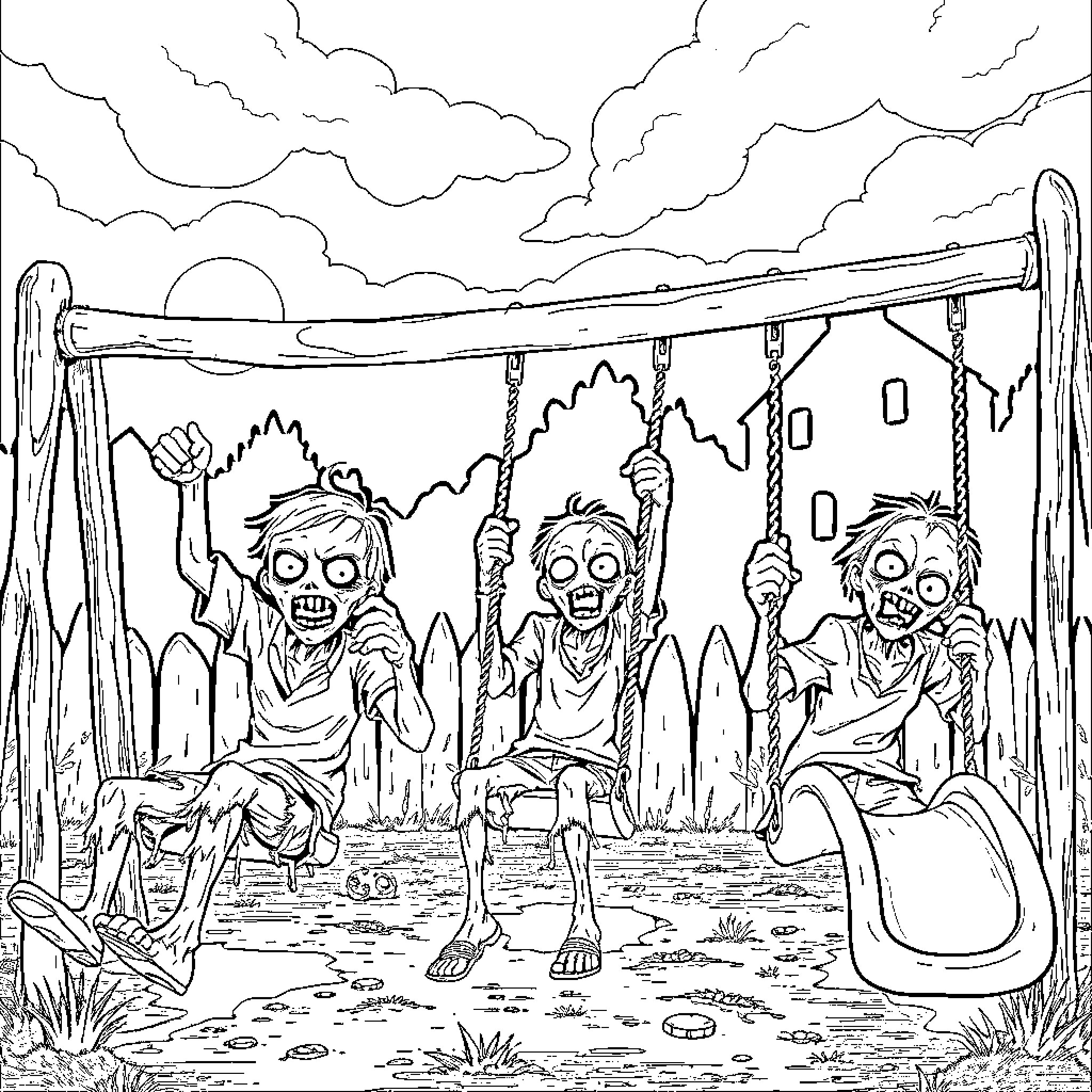 Zombie Figures Swinging on Makeshift Gallows Coloring Page (free black-and-white line drawing printable PDF for all, from beginners to advanced learners, including children, teens, adults, and seniors)