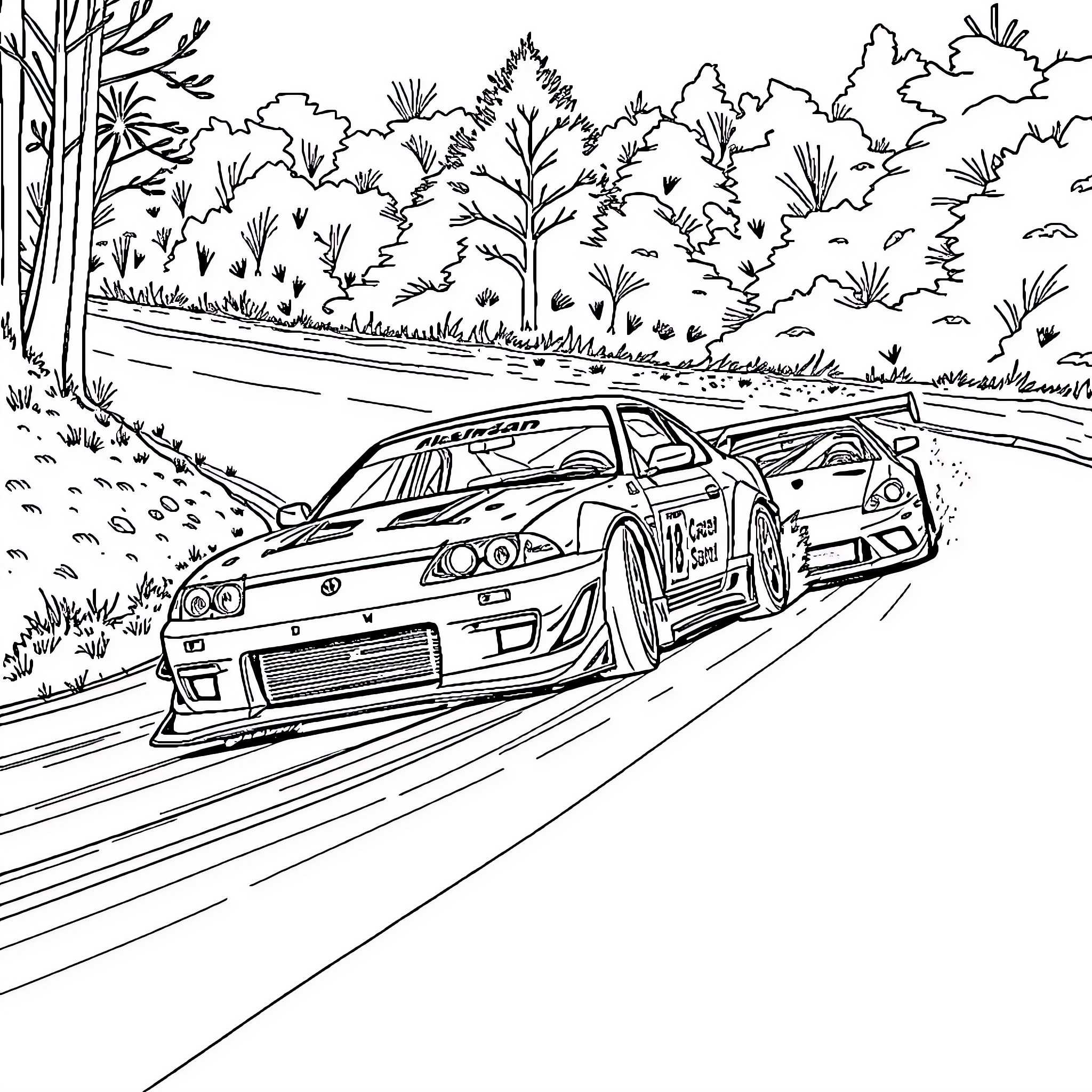 Car racing through winding forest road Coloring Page (free black-and-white line drawing printable PDF for all, from beginners to advanced learners, including children, teens, adults, and seniors)