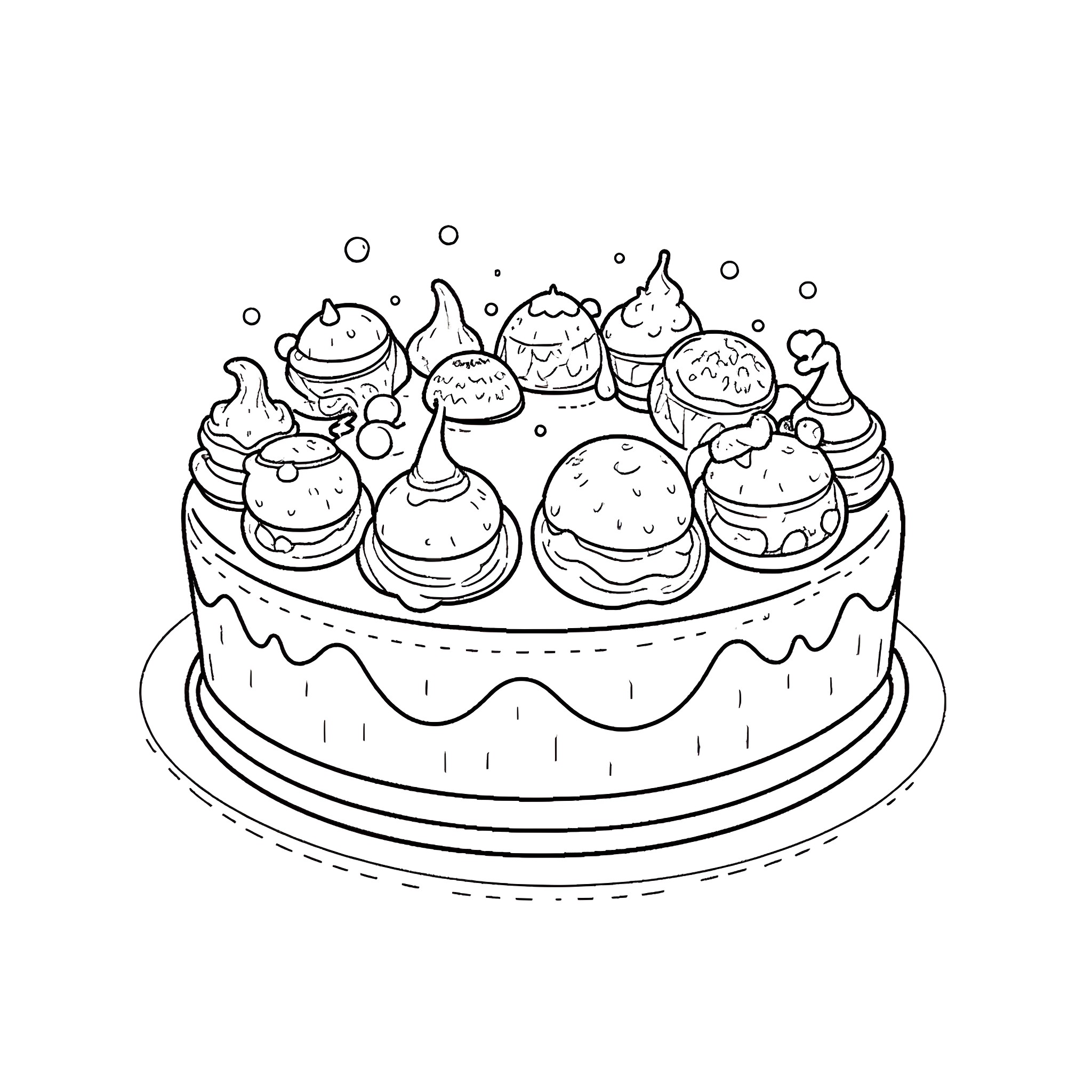 Cheesecake with Various Desserts Coloring Page (free black-and-white line drawing printable PDF for all, from beginners to advanced learners, including children, teens, adults, and seniors)
