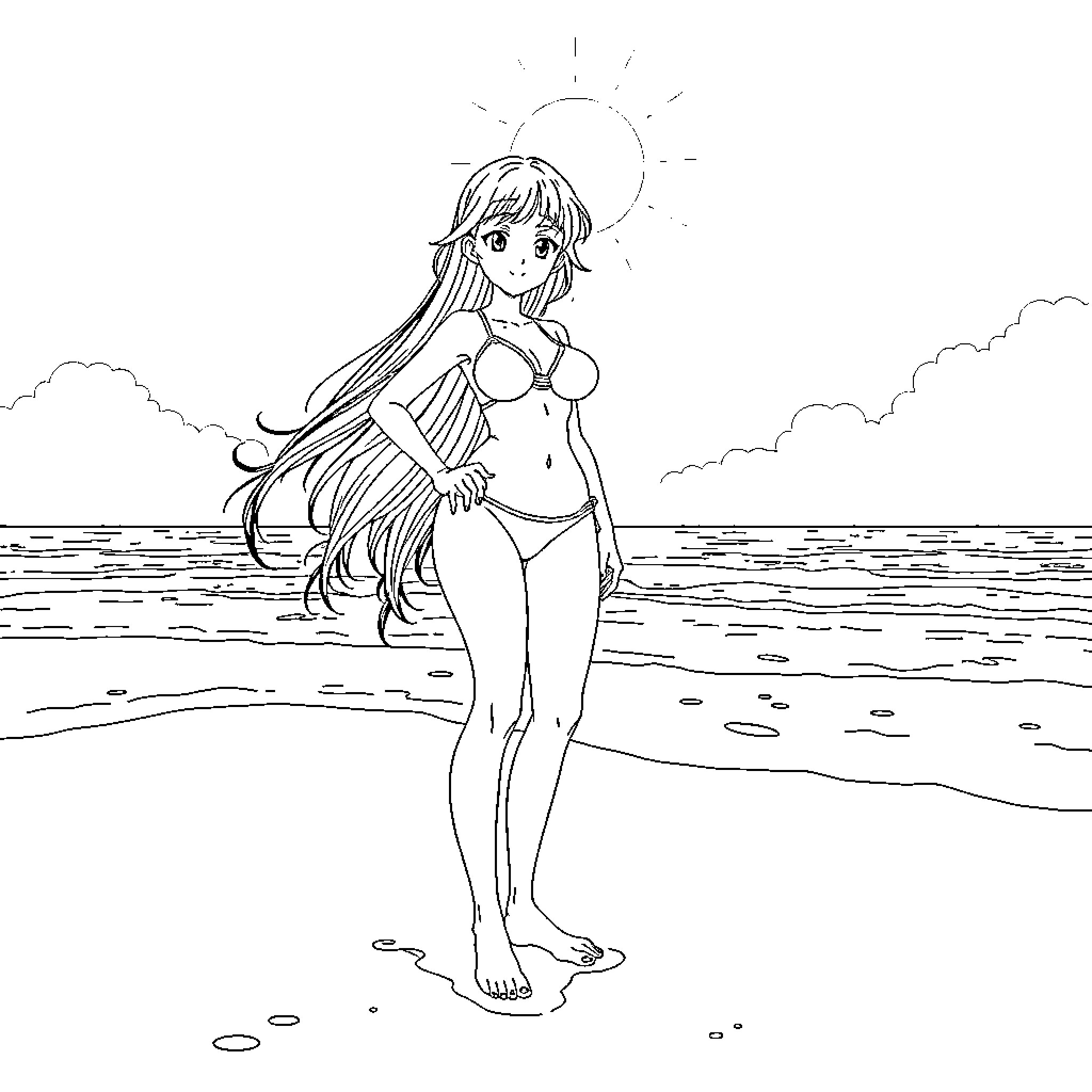 Hinata in a Peaceful Beach Scene Coloring Page (free black-and-white line drawing printable PDF for all, from beginners to advanced learners, including children, teens, adults, and seniors)