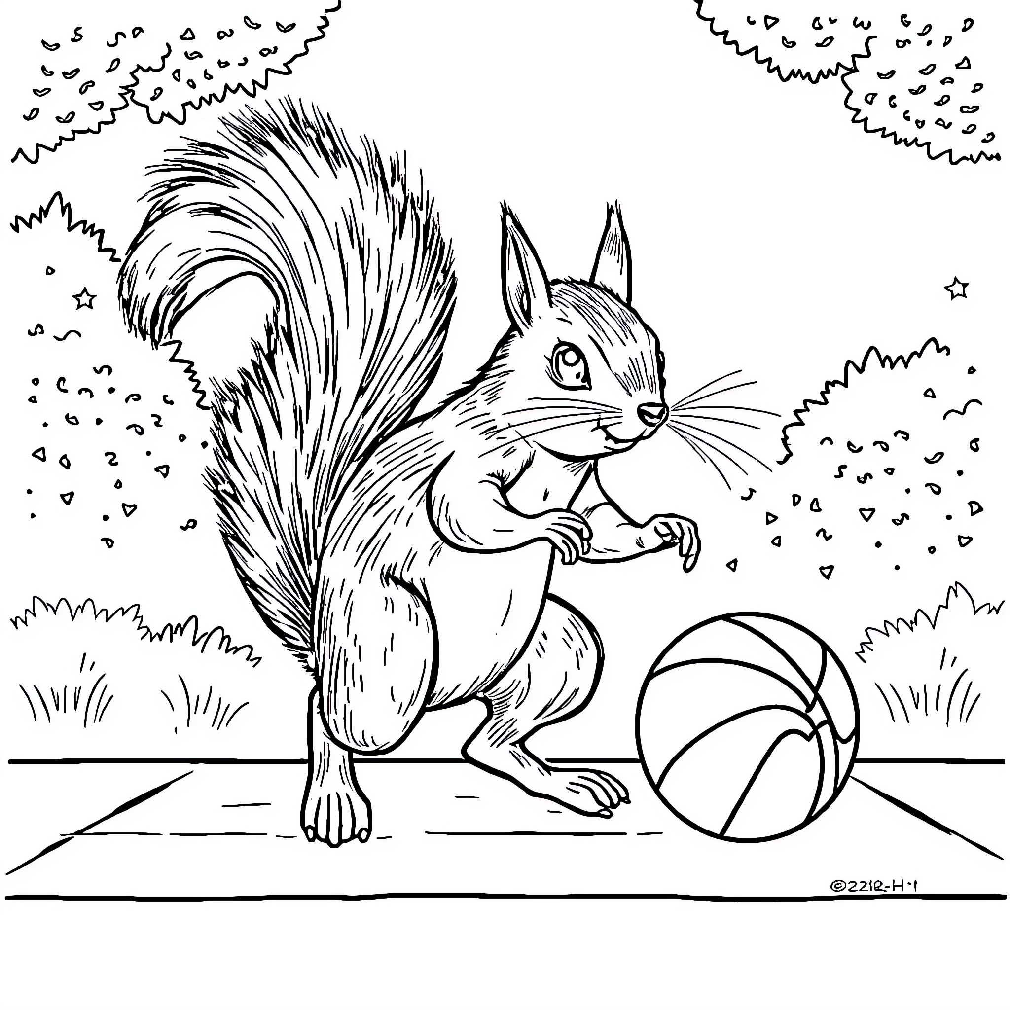 Squirrel playing with ball in the park Coloring Page (free black-and-white line drawing printable PDF for all, from beginners to advanced learners, including children, teens, adults, and seniors)