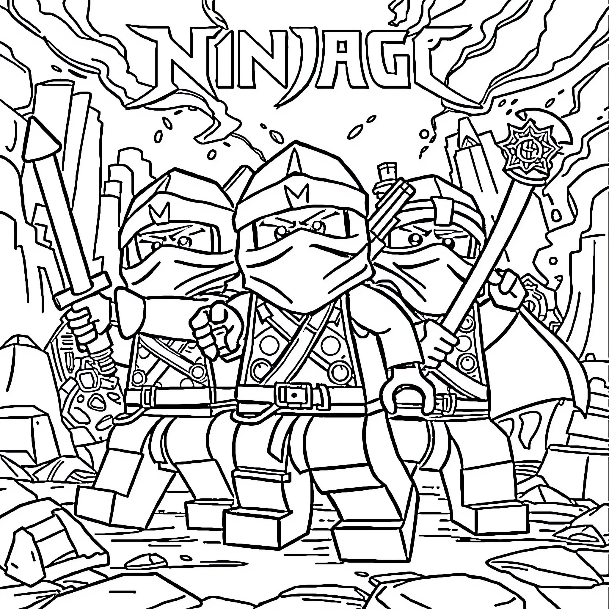 Ninjago Ninja Warriors in Action-Packed Scene Coloring Page (free black-and-white line drawing printable PDF for all, from beginners to advanced learners, including children, teens, adults, and seniors)