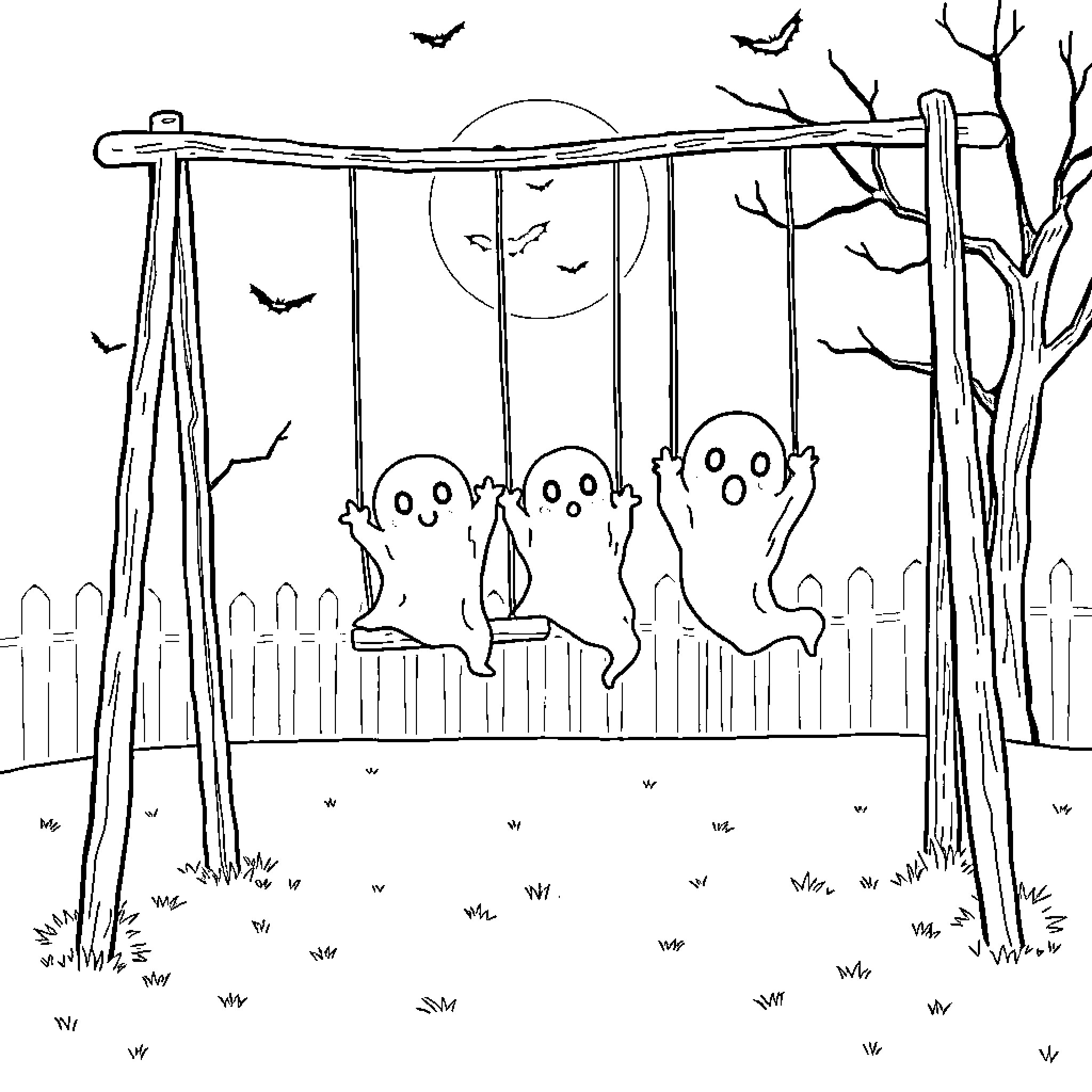 Ghost friends swinging on a spooky night Coloring Page (free black-and-white line drawing printable PDF for all, from beginners to advanced learners, including children, teens, adults, and seniors)