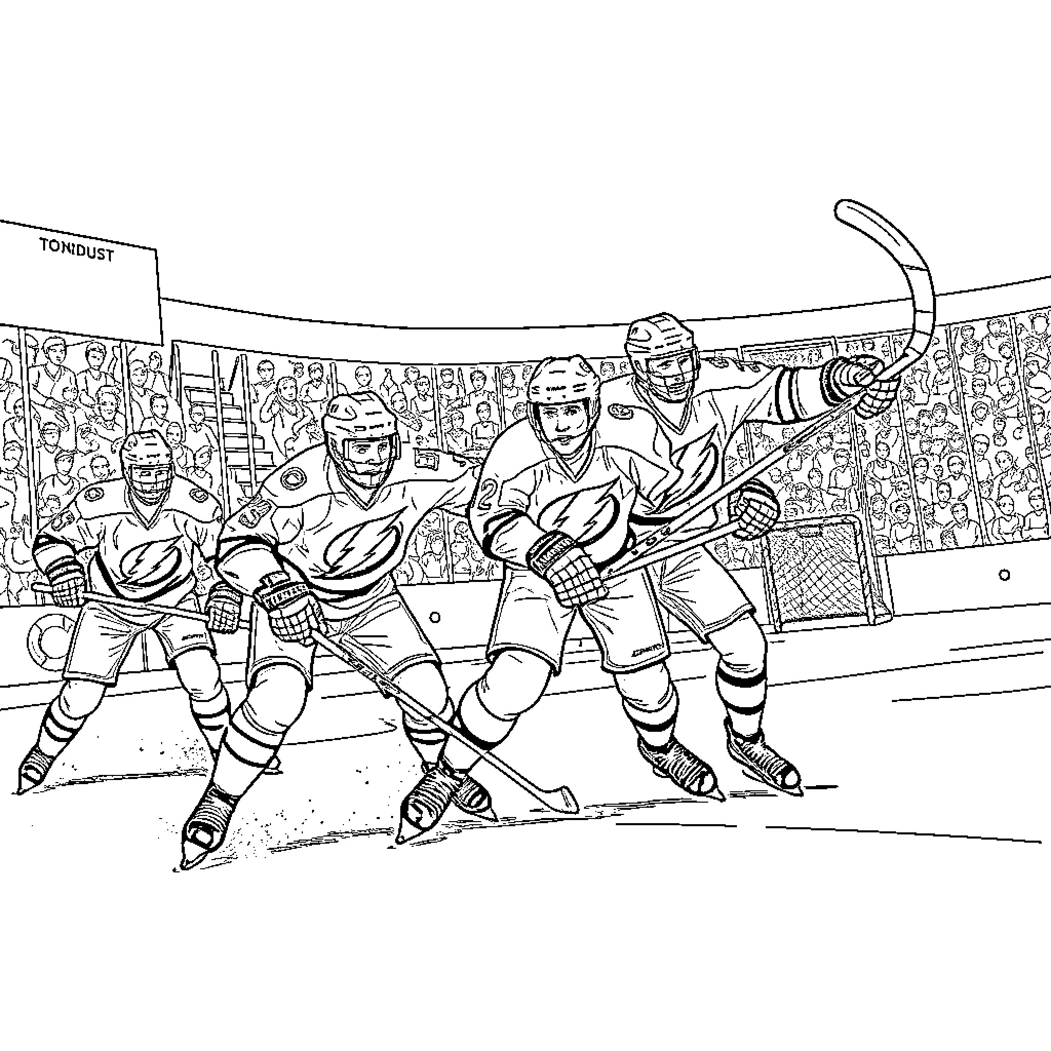 Tampa Bay Lightning Hockey Players in Action Coloring Page (free black-and-white line drawing printable PDF for all, from beginners to advanced learners, including children, teens, adults, and seniors)