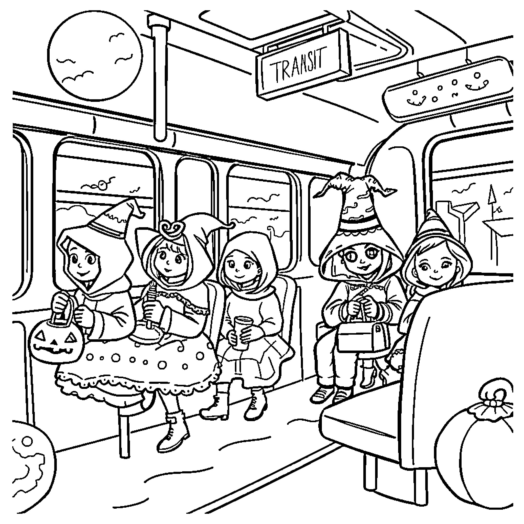 Bus filled with children in Halloween costumes Coloring Page (free black-and-white line drawing printable PDF for all, from beginners to advanced learners, including children, teens, adults, and seniors)