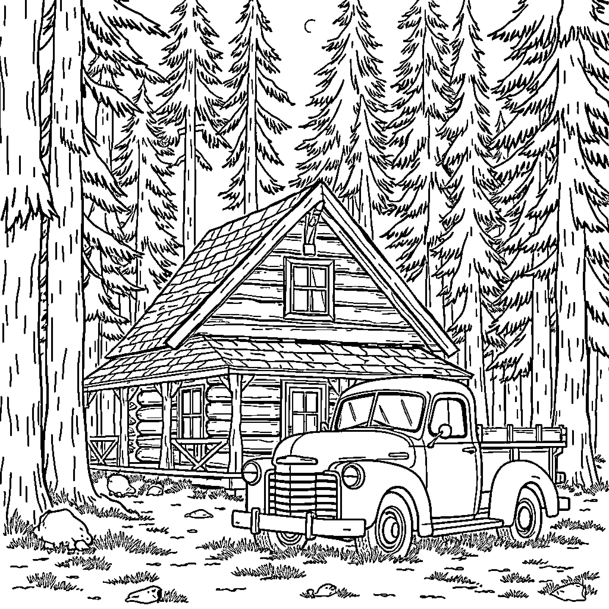 Cabin in the Snowy Forest with a Vintage Truck Coloring Page (free black-and-white line drawing printable PDF for all, from beginners to advanced learners, including children, teens, adults, and seniors)