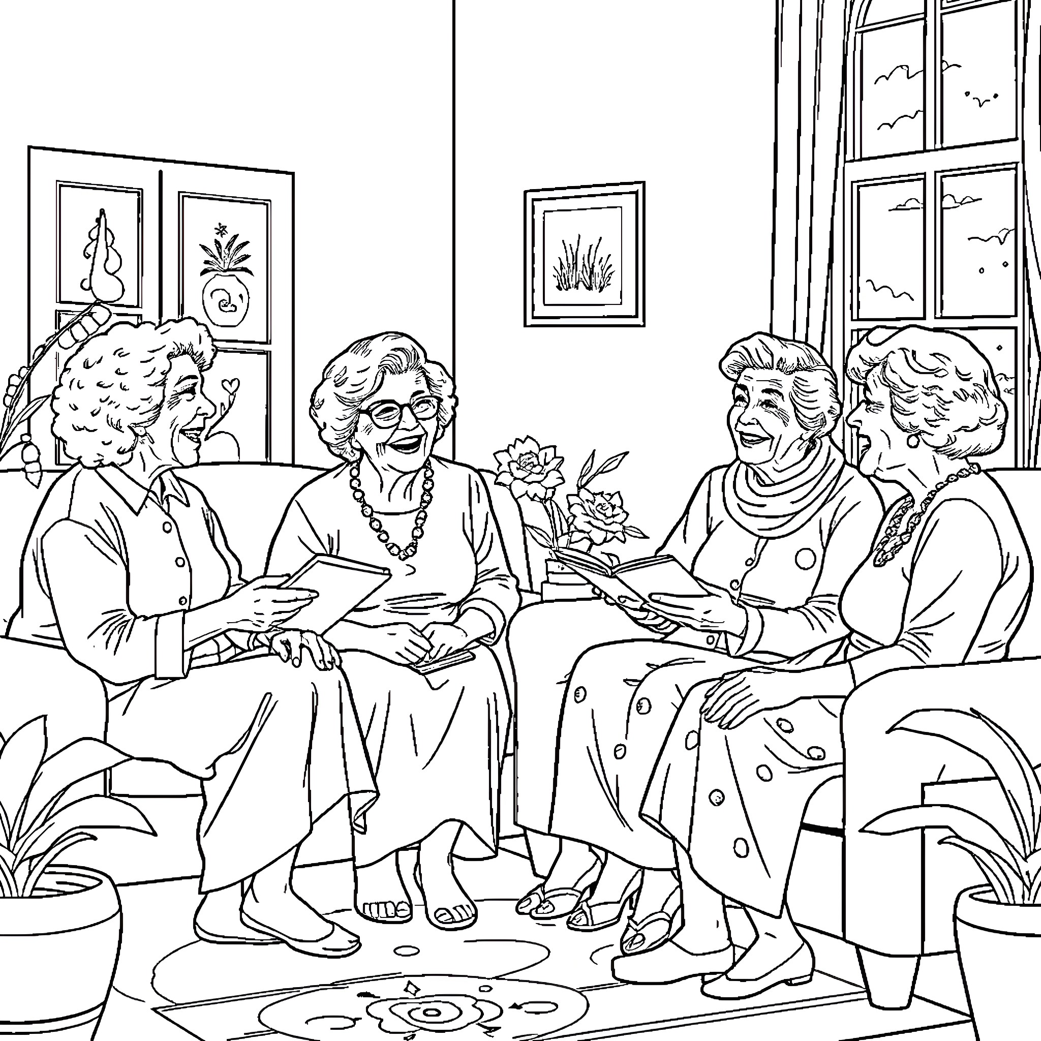 Golden Girls Enjoying Conversation and Friendship Coloring Page (free black-and-white line drawing printable PDF for all, from beginners to advanced learners, including children, teens, adults, and seniors)