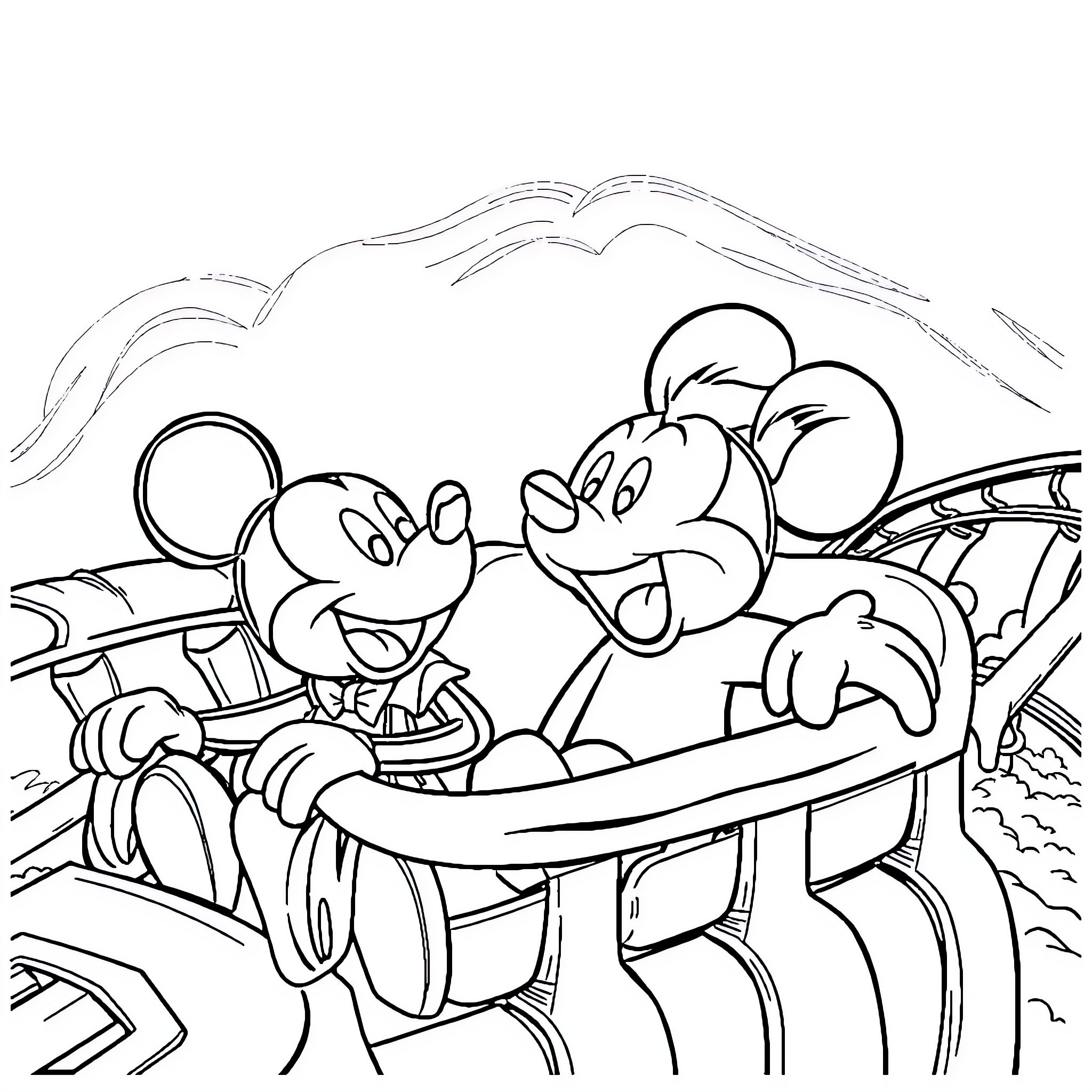 Dog Man Riding a Rollercoaster with Friends Coloring Page (free black-and-white line drawing printable PDF for all, from beginners to advanced learners, including children, teens, adults, and seniors)