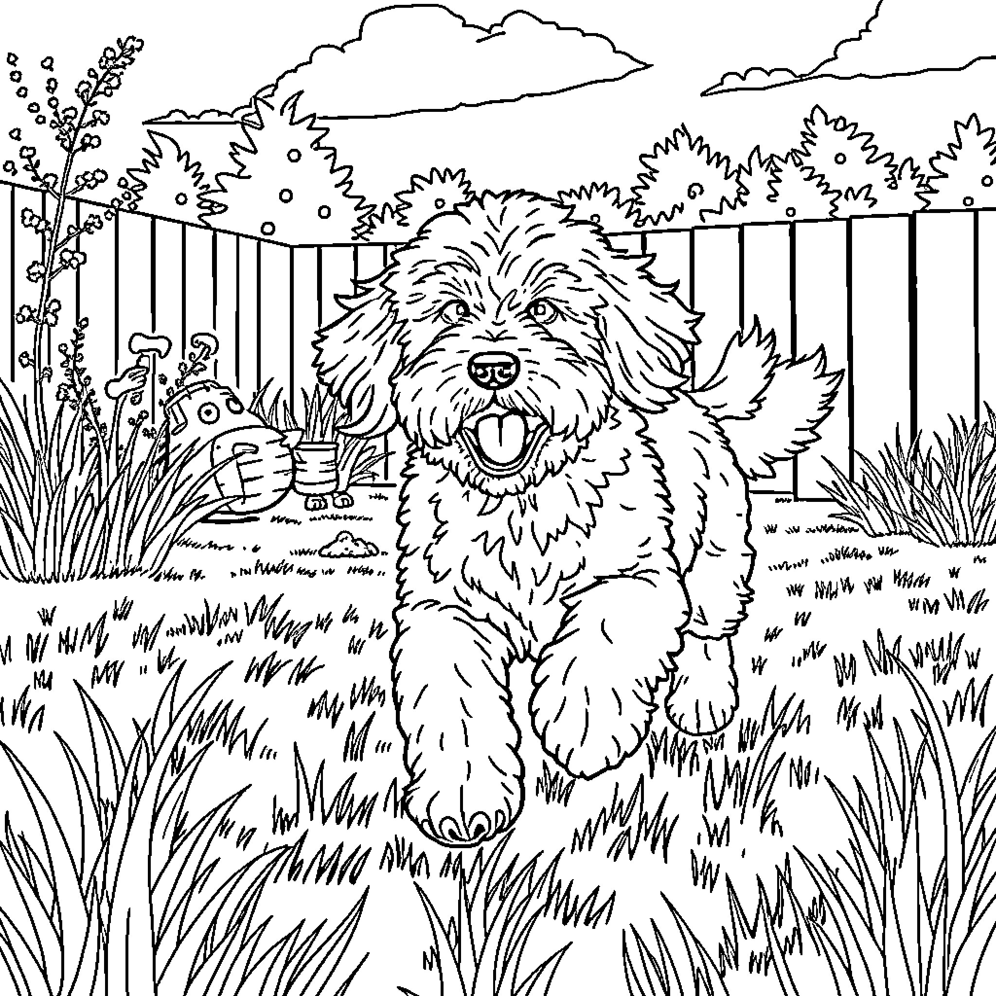Goldendoodle exploring a lush backyard landscape Coloring Page (free black-and-white line drawing printable PDF for all, from beginners to advanced learners, including children, teens, adults, and seniors)