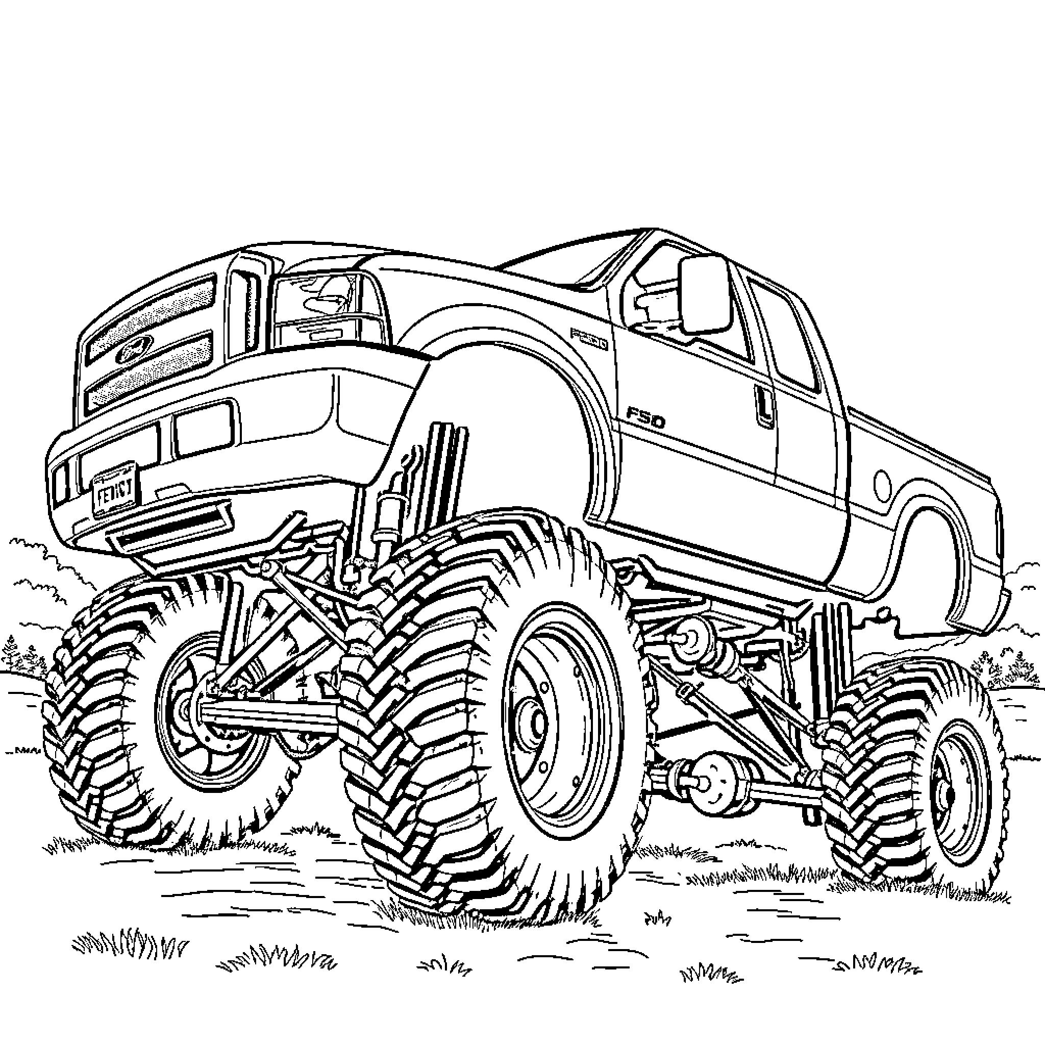 Ford F250 Monster Truck Navigating Rugged Terrain Coloring Page (free black-and-white line drawing printable PDF for all, from beginners to advanced learners, including children, teens, adults, and seniors)