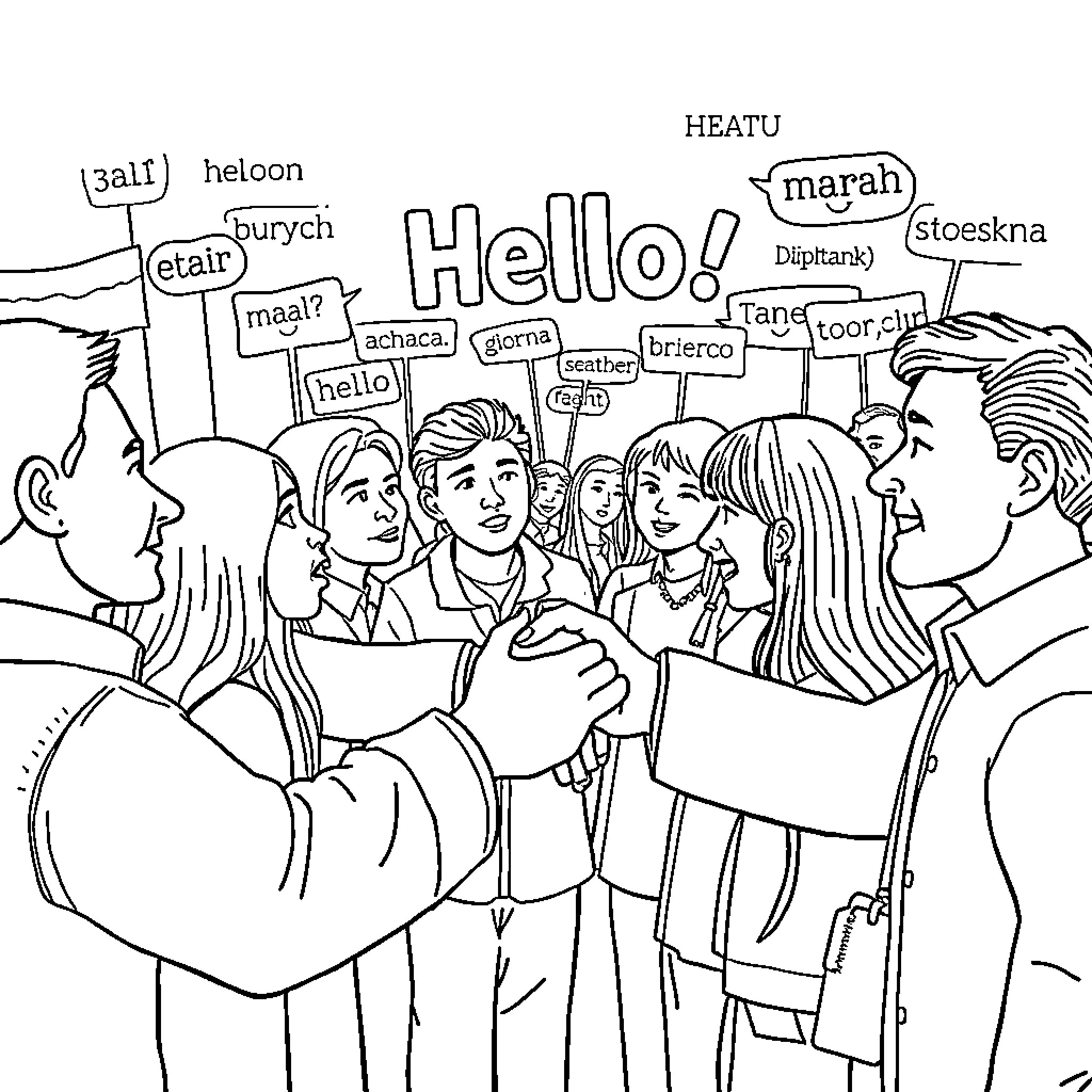 Handshake Among Diverse Group Expressing Greetings Coloring Page (free black-and-white line drawing printable PDF for all, from beginners to advanced learners, including children, teens, adults, and seniors)