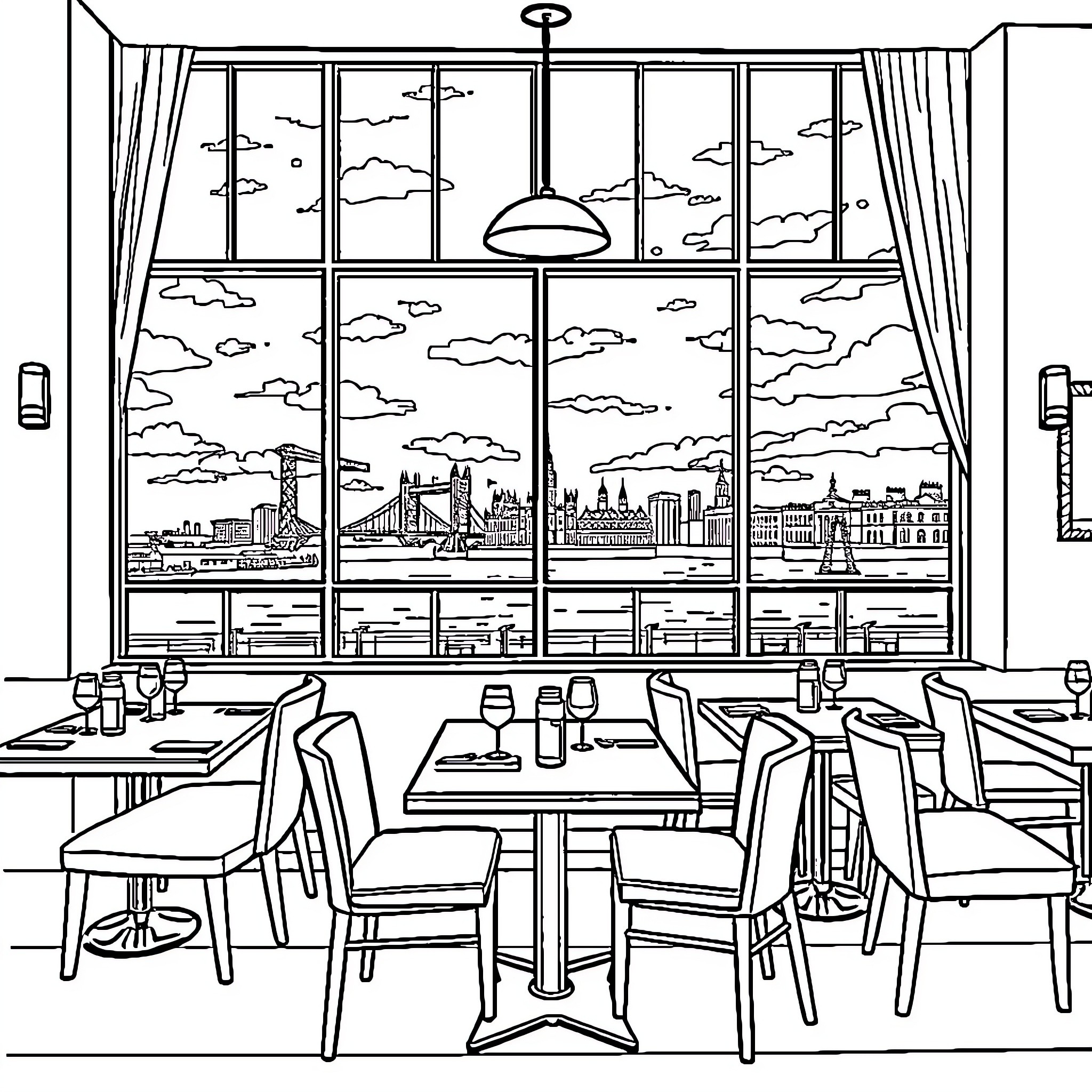 Restaurant with Scenic City View Coloring Page (free black-and-white line drawing printable PDF for all, from beginners to advanced learners, including children, teens, adults, and seniors)