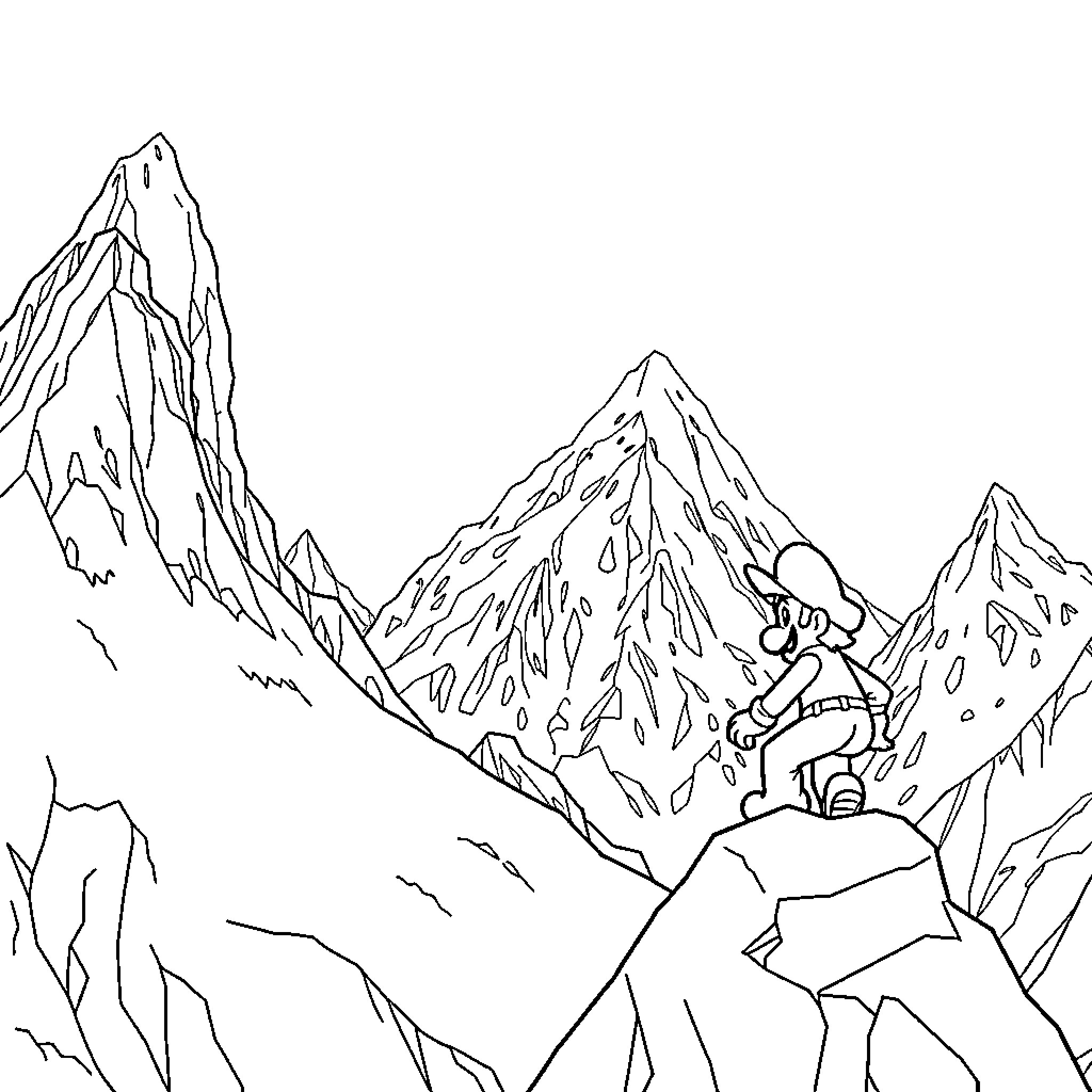 Super Mario exploring snowy mountain landscape Coloring Page (free black-and-white line drawing printable PDF for all, from beginners to advanced learners, including children, teens, adults, and seniors)