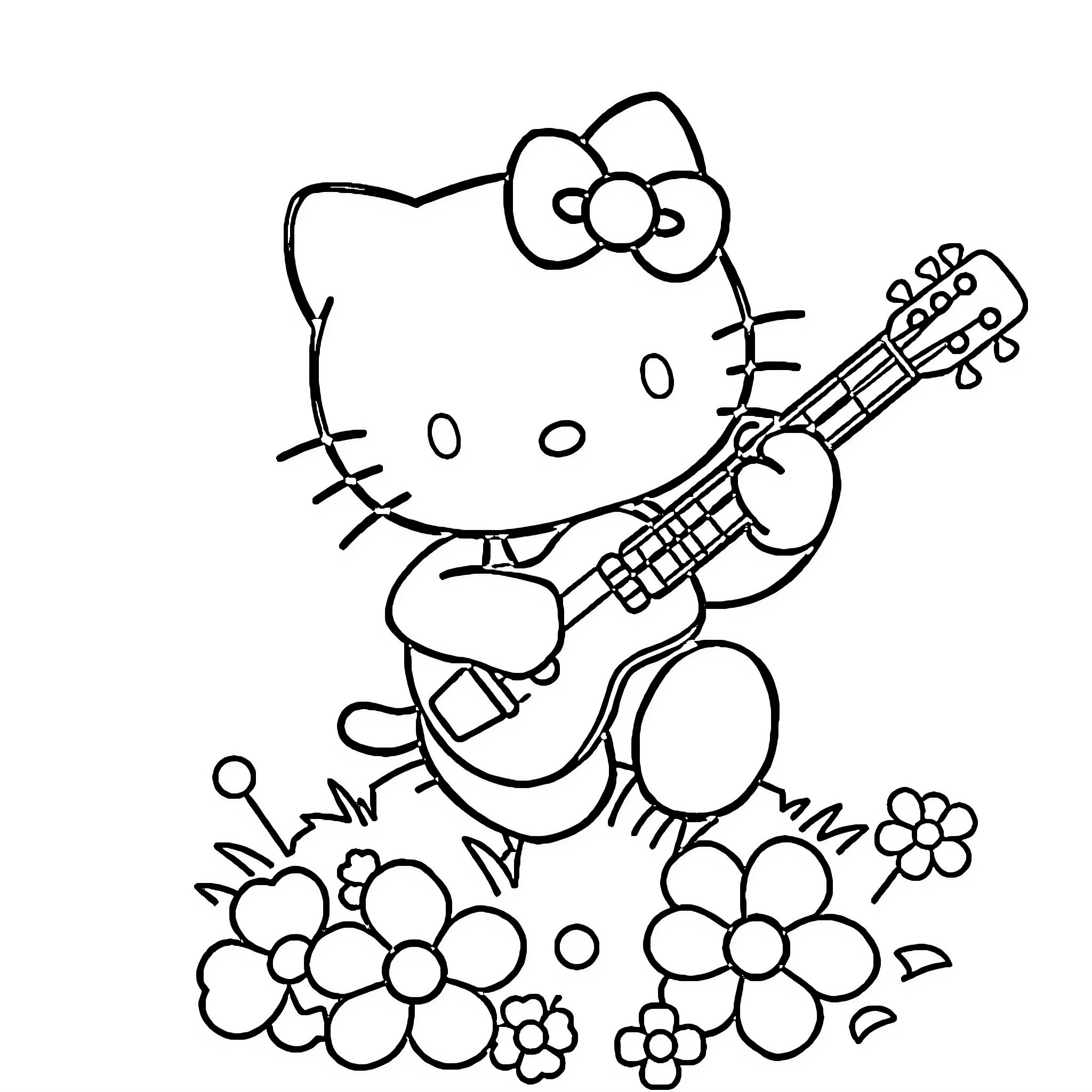 Hello Kitty playing guitar amidst flowers Coloring Page (free black-and-white line drawing printable PDF for all, from beginners to advanced learners, including children, teens, adults, and seniors)