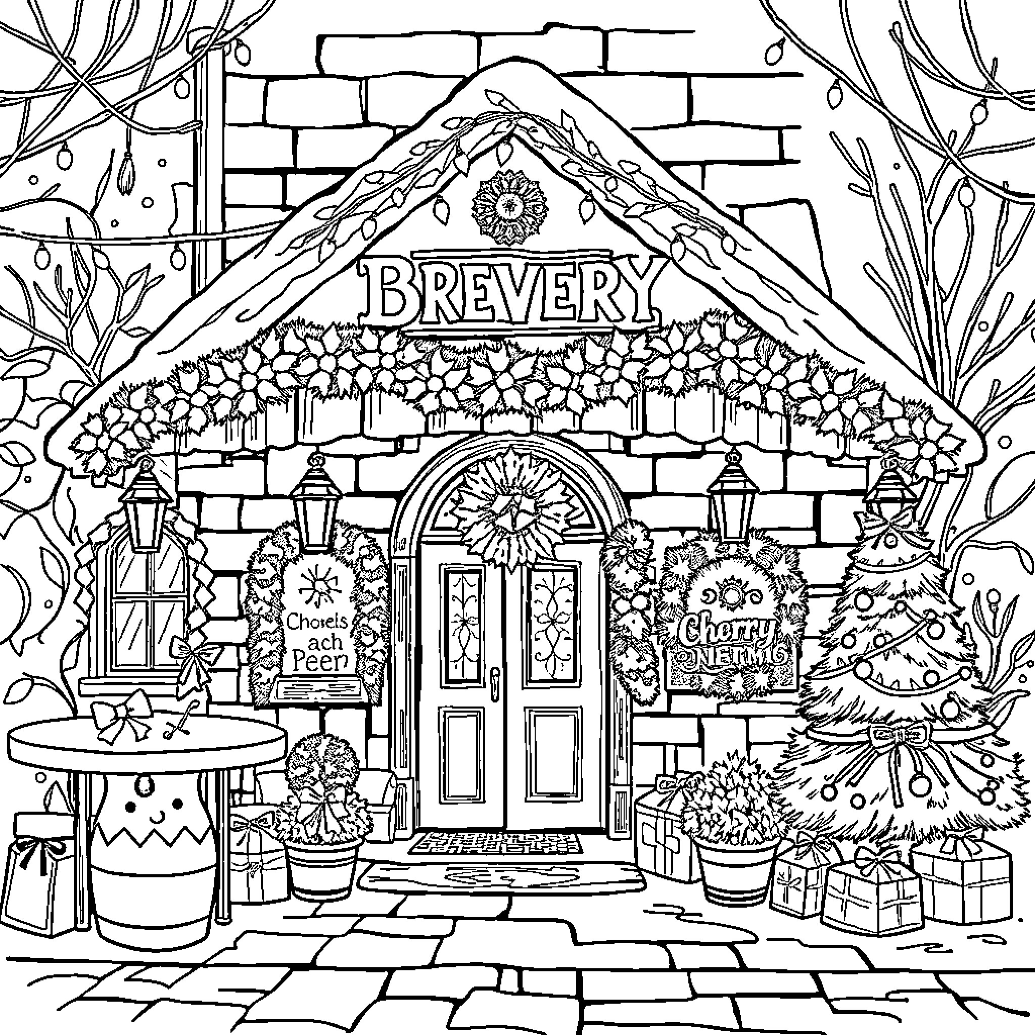 Brewery with Decorative Facade and Outdoor Decor Coloring Page (free black-and-white line drawing printable PDF for all, from beginners to advanced learners, including children, teens, adults, and seniors)