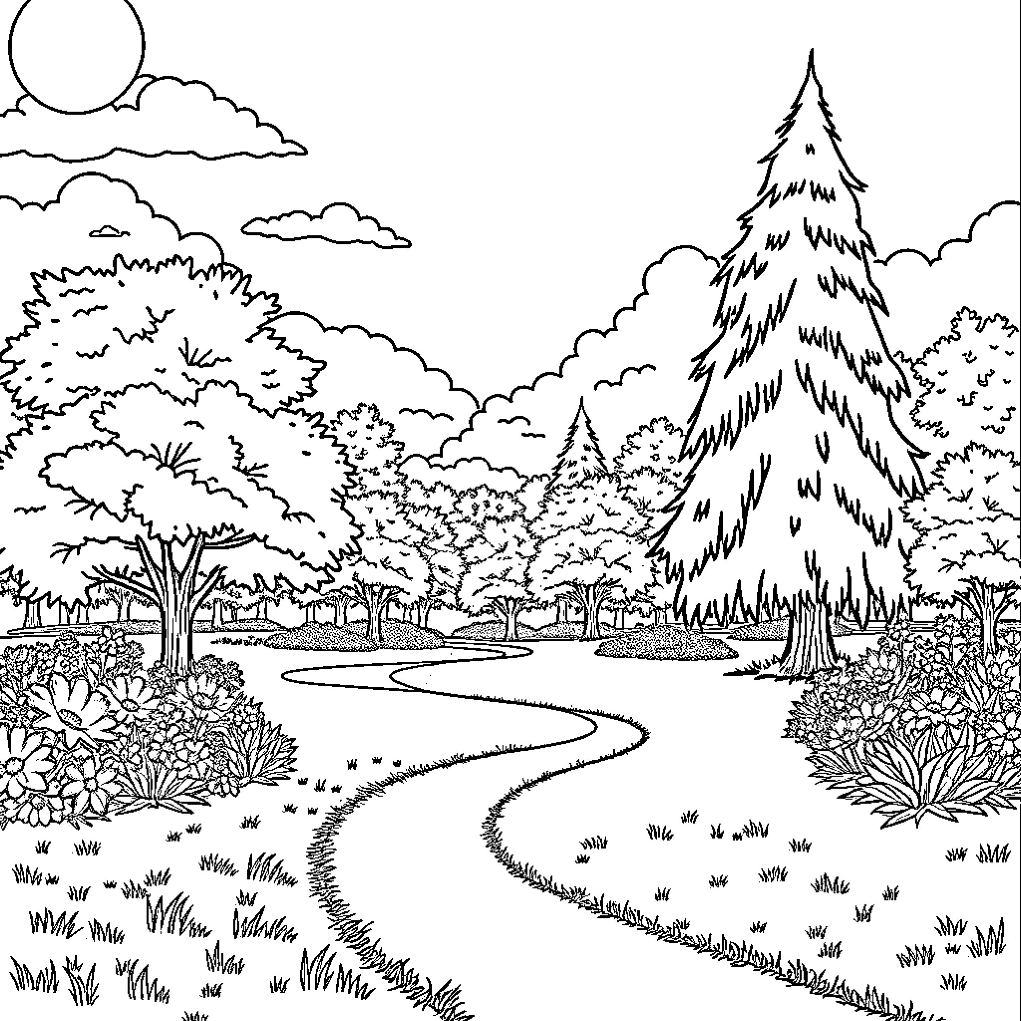 Park scene with winding path through lush vegetation Coloring Page (free black-and-white line drawing printable PDF for all, from beginners to advanced learners, including children, teens, adults, and seniors)
