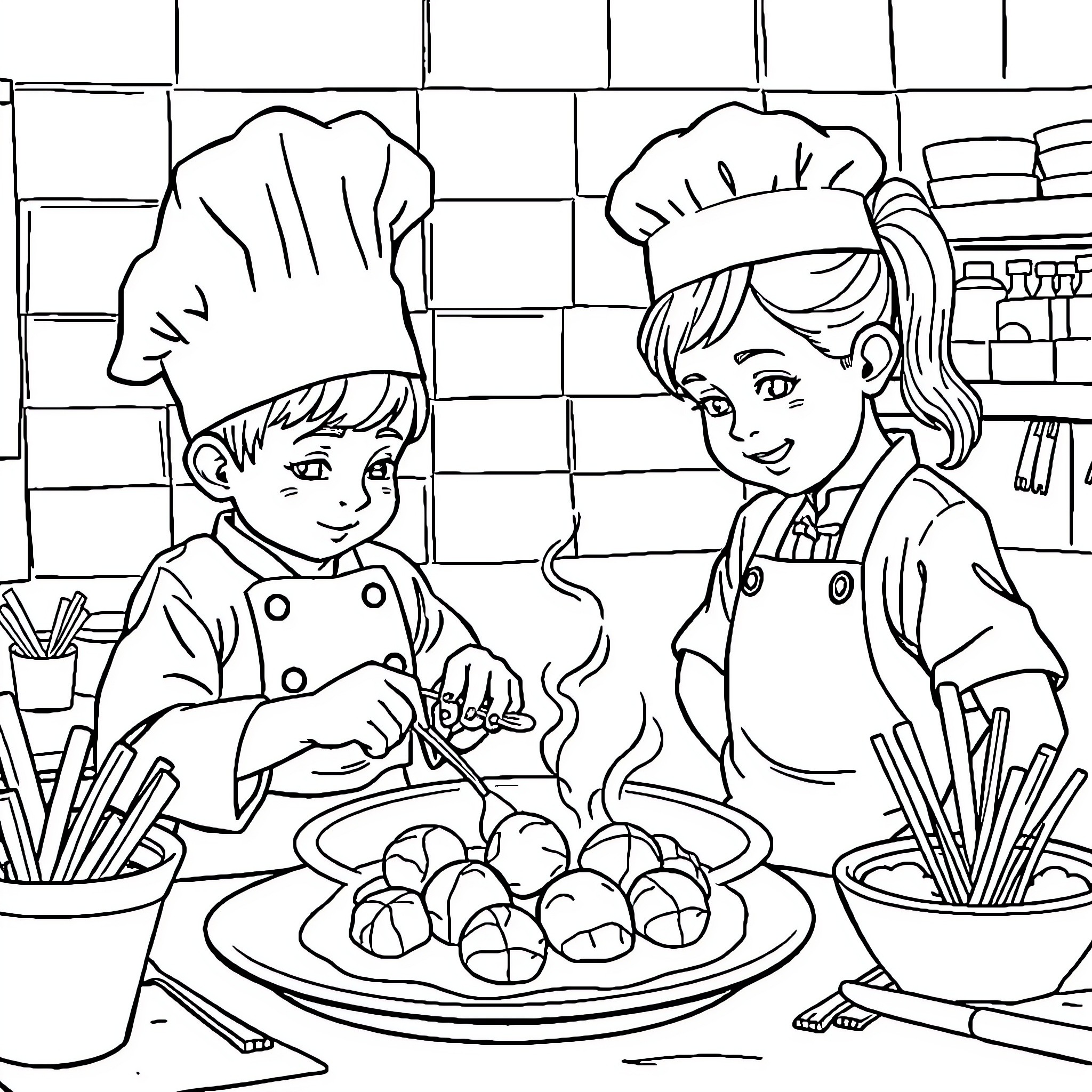 Meatball Chefs Preparing a Delicious Meal Coloring Page (free black-and-white line drawing printable PDF for all, from beginners to advanced learners, including children, teens, adults, and seniors)