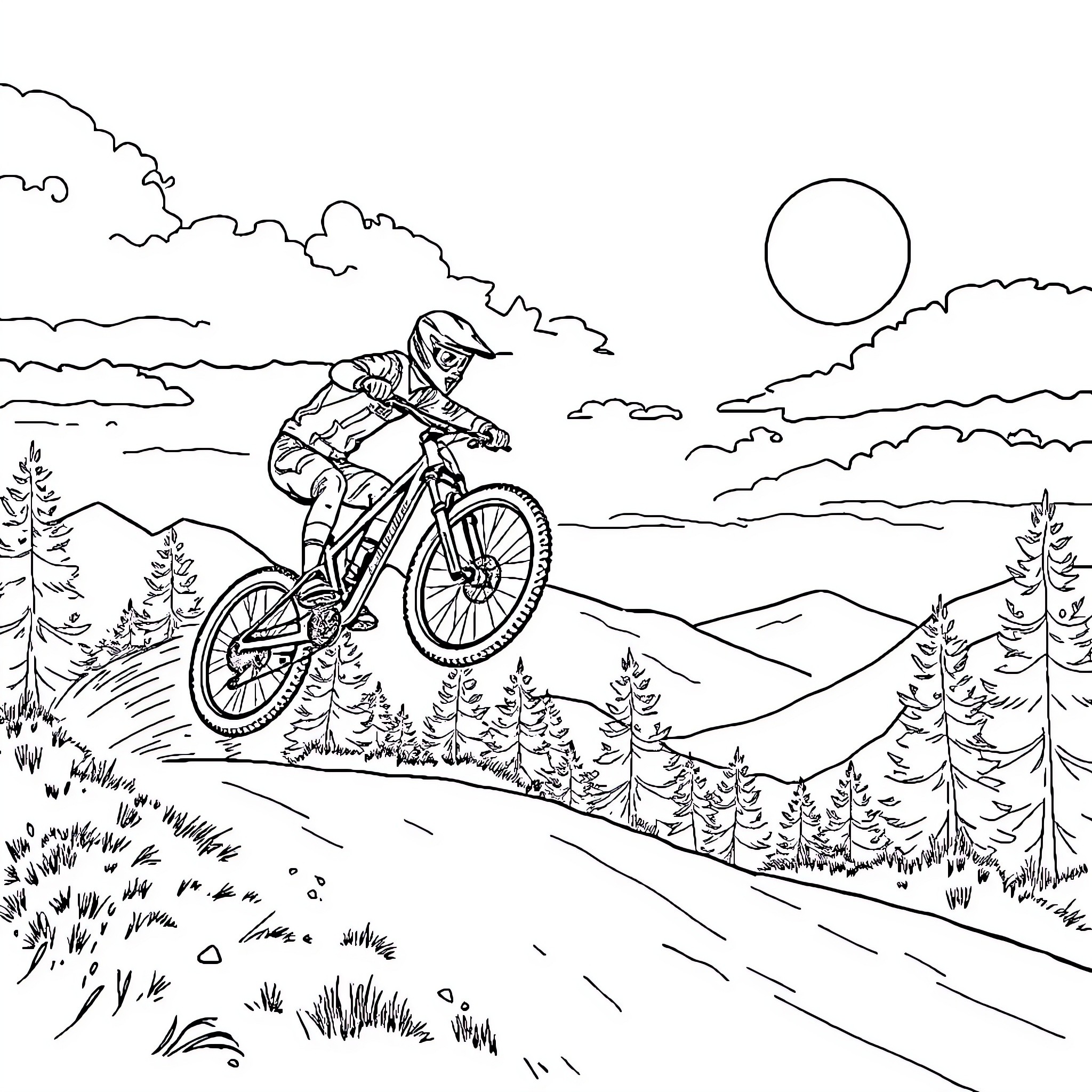 Mountain Biker Navigating Rugged Terrain Coloring Page (free black-and-white line drawing printable PDF for all, from beginners to advanced learners, including children, teens, adults, and seniors)