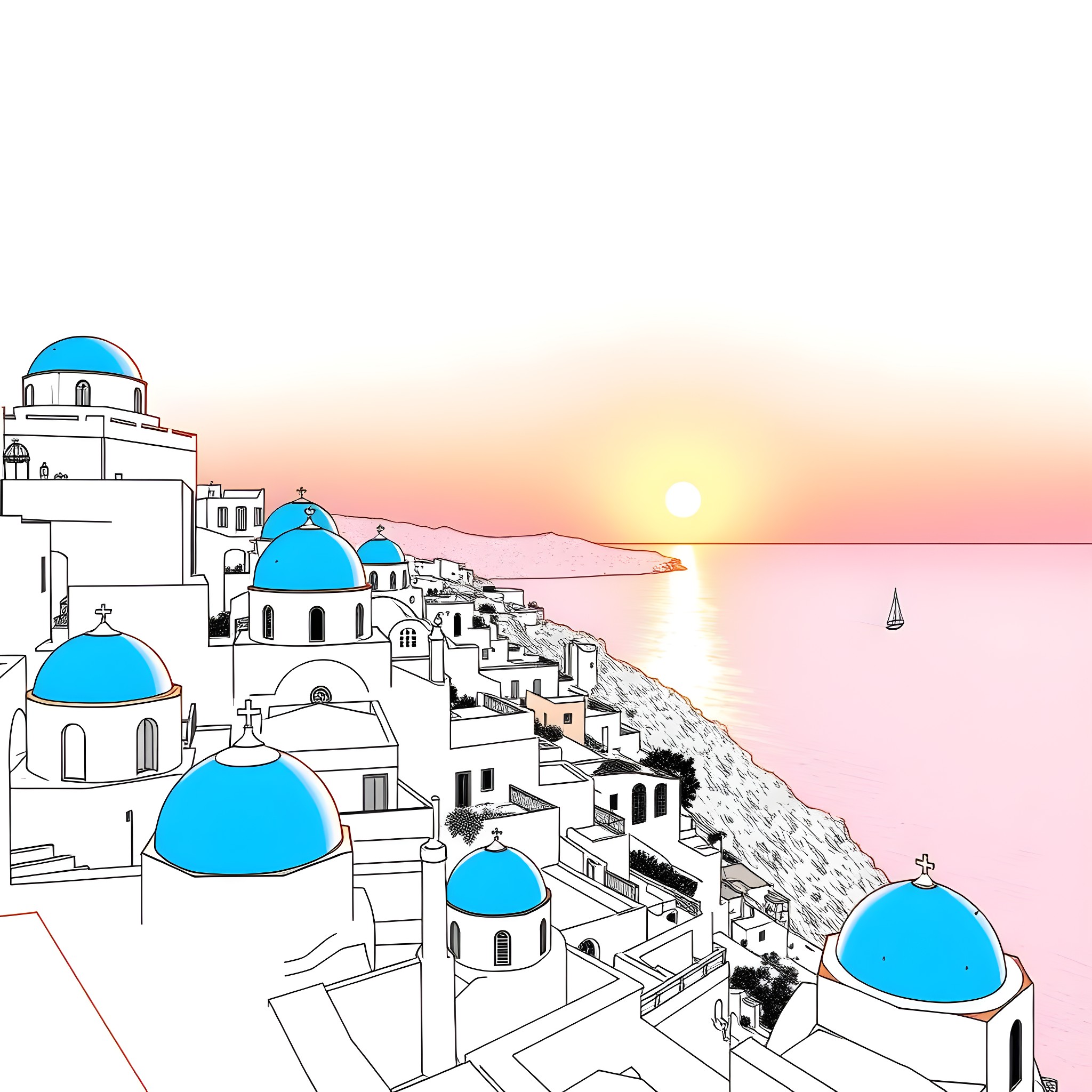 Santorini Sunset: Charming Island Silhouettes Coloring Page (free black-and-white line drawing printable PDF for all, from beginners to advanced learners, including children, teens, adults, and seniors)