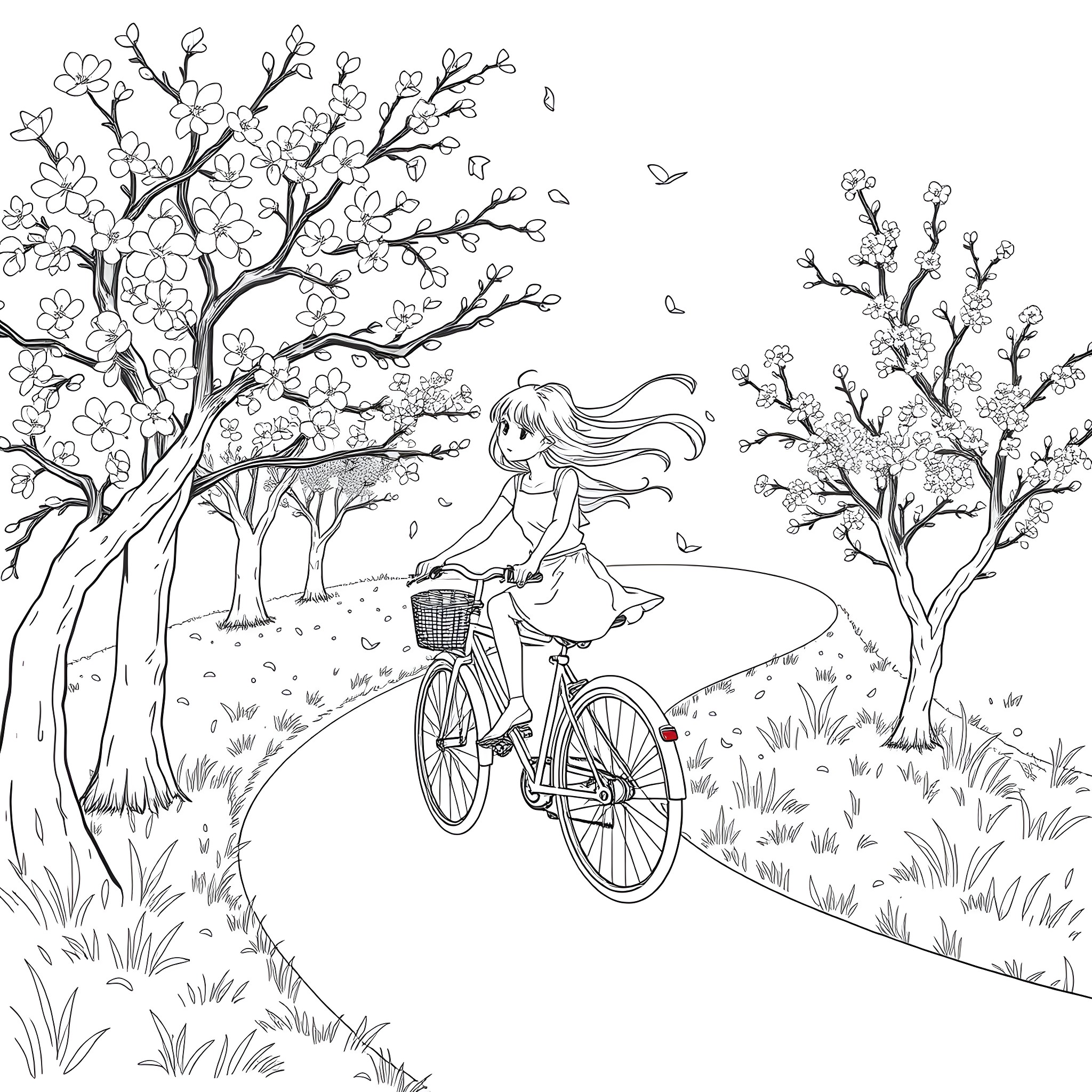 Girl riding bicycle through blooming trees Coloring Page (free black-and-white line drawing printable PDF for all, from beginners to advanced learners, including children, teens, adults, and seniors)