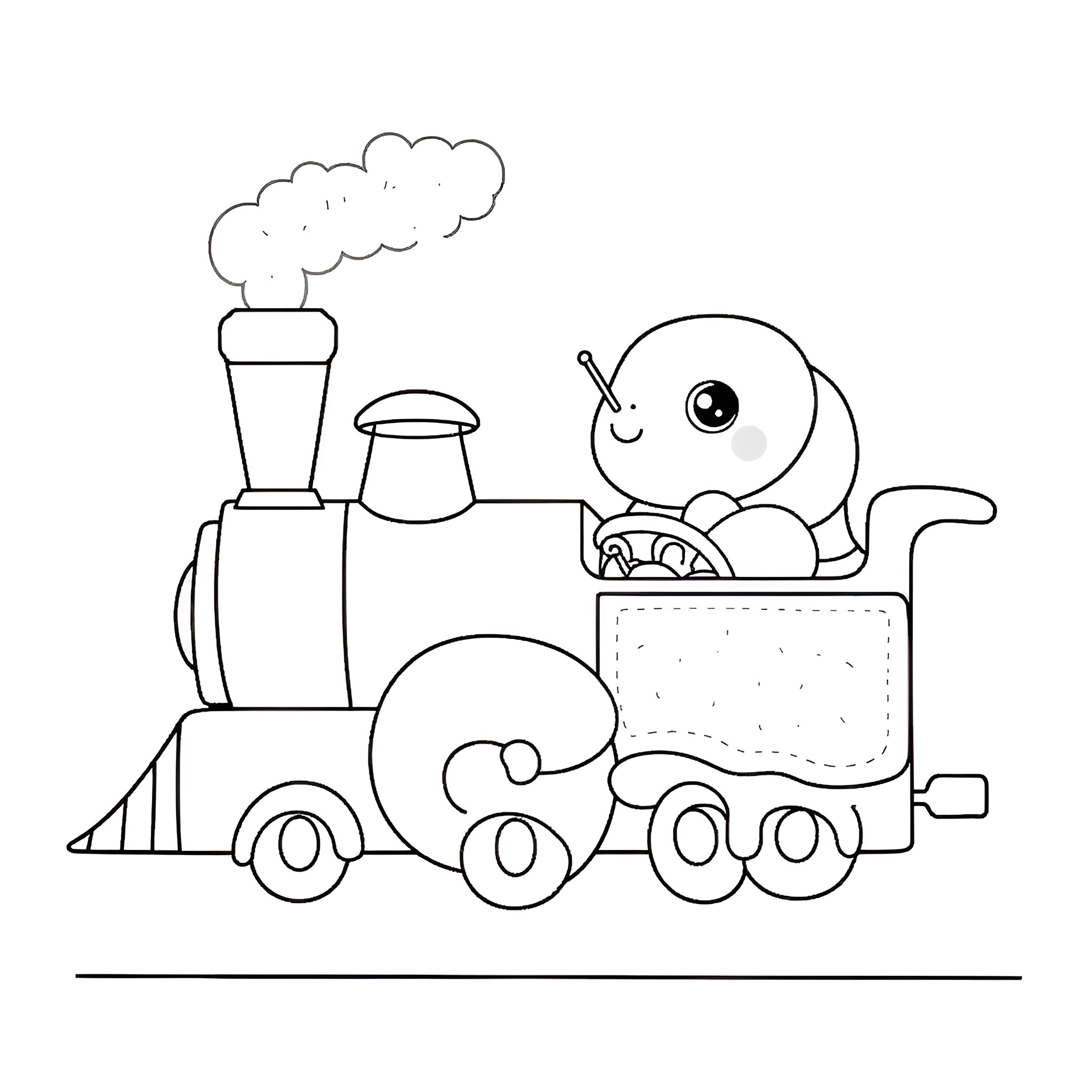 Snail riding a toy train Coloring Page (free black-and-white line drawing printable PDF for all, from beginners to advanced learners, including children, teens, adults, and seniors)