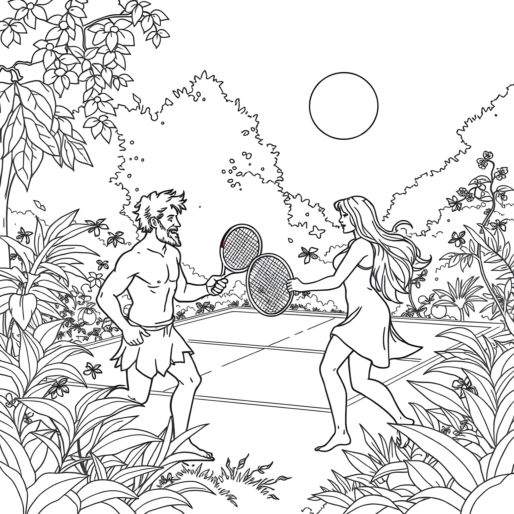 Adam and Eve playing tennis in the Garden of Eden Coloring Page (free black-and-white line drawing printable PDF for all, from beginners to advanced learners, including children, teens, adults, and seniors)