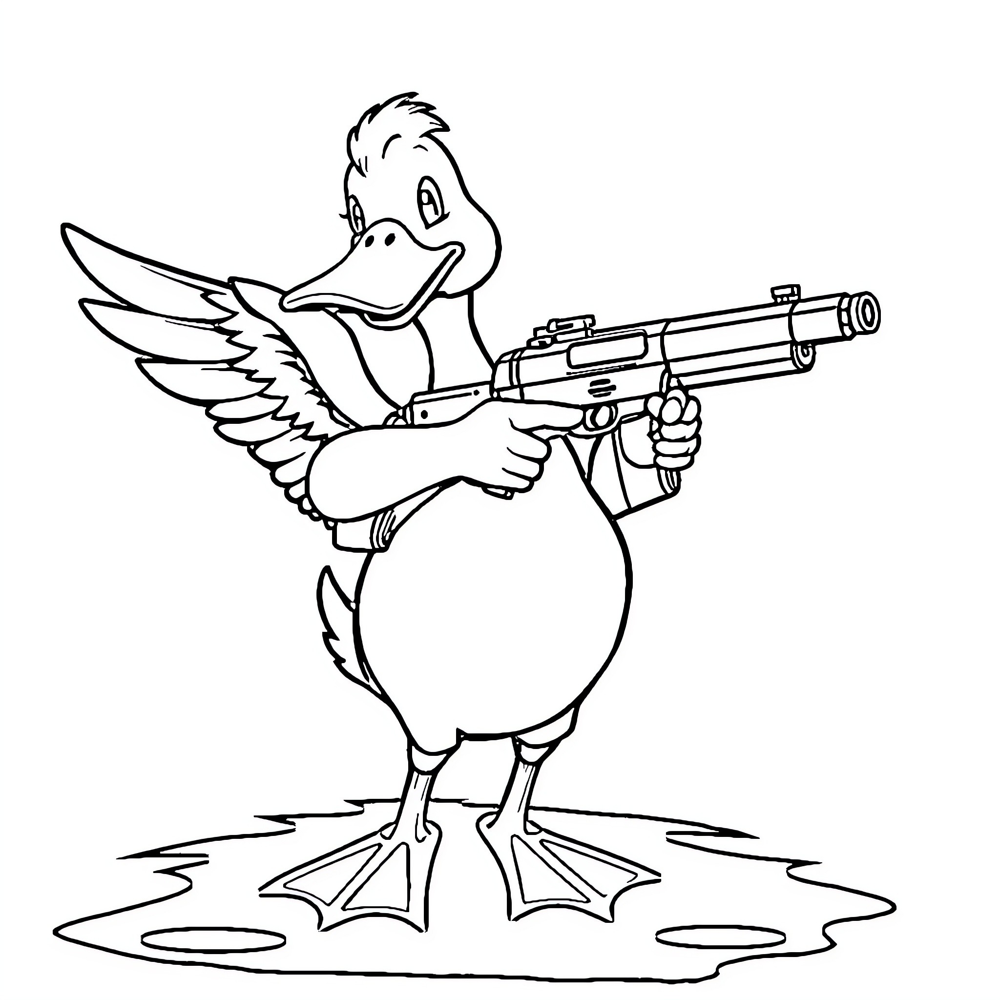 Duck Wielding Futuristic Weapon Coloring Page (free black-and-white line drawing printable PDF for all, from beginners to advanced learners, including children, teens, adults, and seniors)