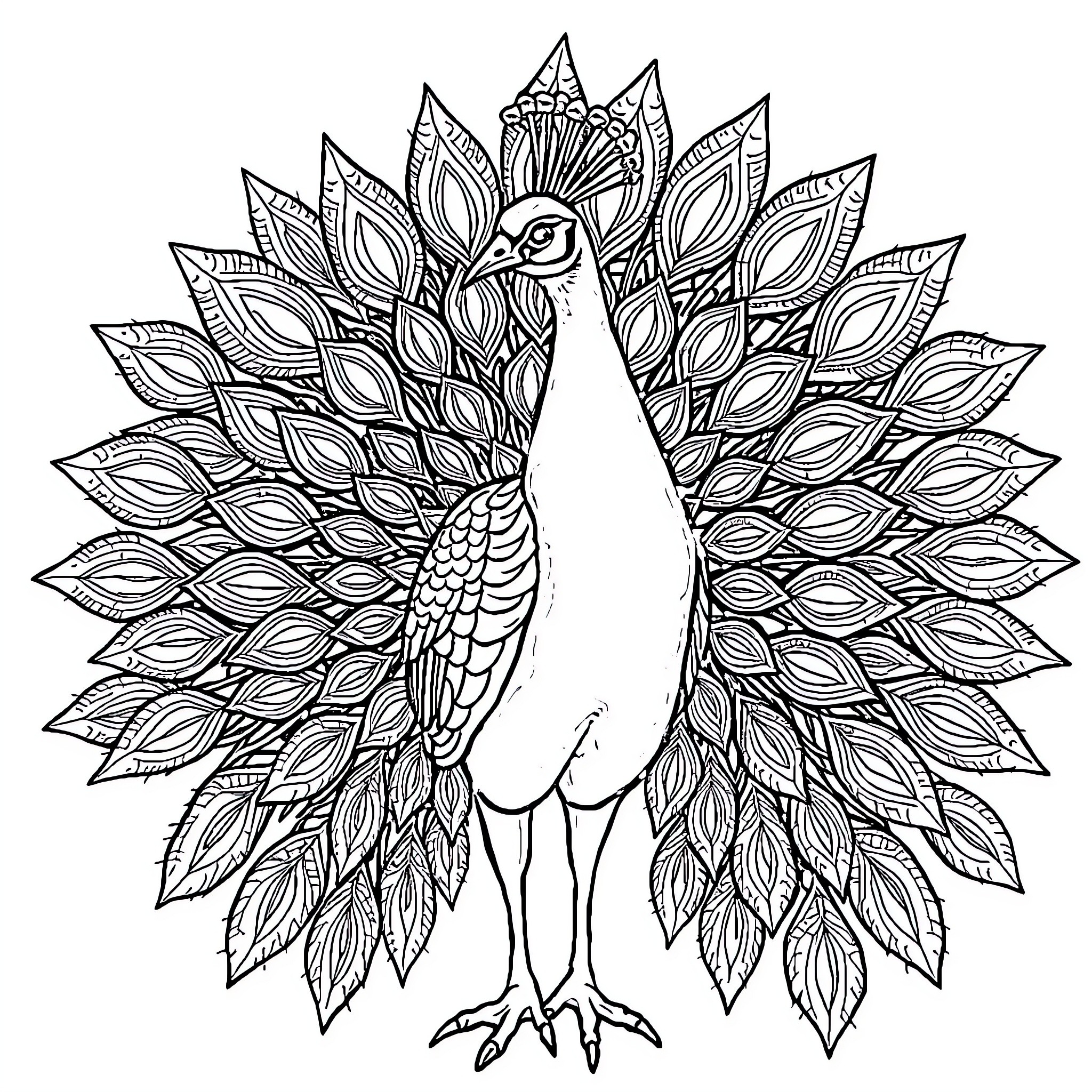 Peacock displaying its ornate feathers Coloring Page (free black-and-white line drawing printable PDF for all, from beginners to advanced learners, including children, teens, adults, and seniors)