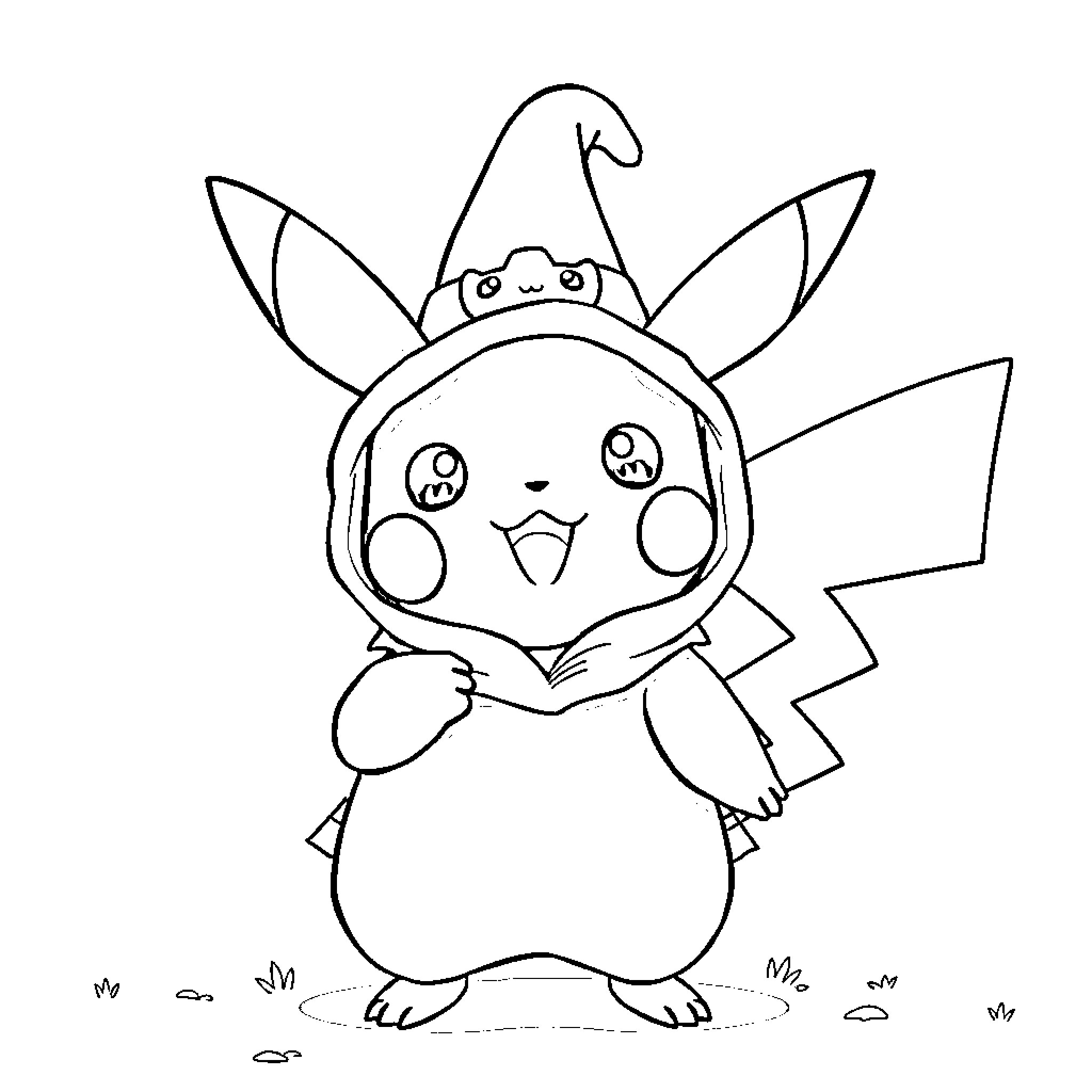 Pikachu wearing a fun costume Coloring Page (free black-and-white line drawing printable PDF for all, from beginners to advanced learners, including children, teens, adults, and seniors)