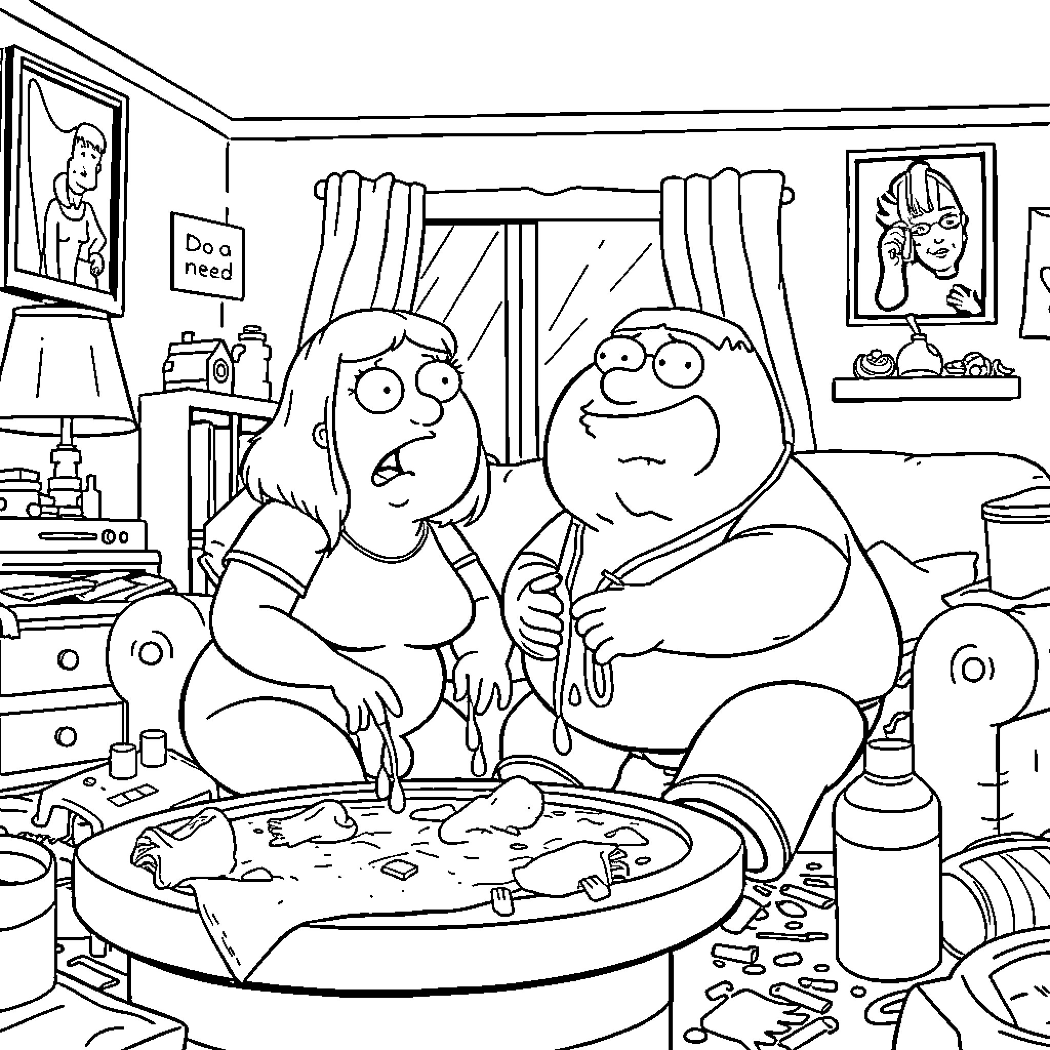 Peter Griffin enjoying an indulgent meal with Lois Coloring Page (free black-and-white line drawing printable PDF for all, from beginners to advanced learners, including children, teens, adults, and seniors)