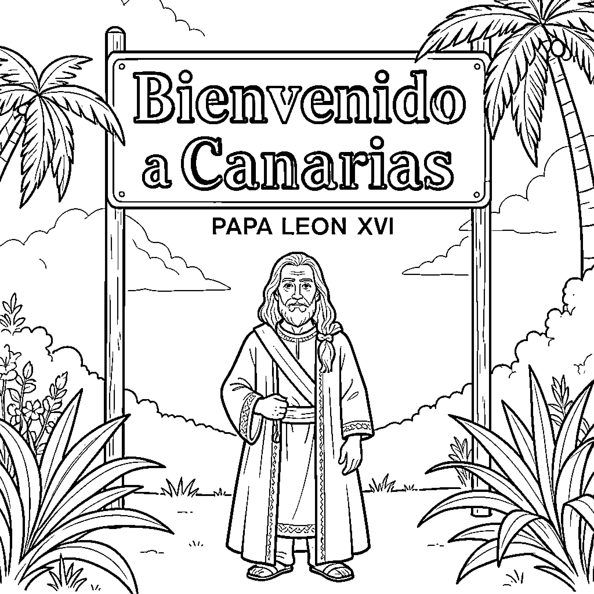 Papa Leon XVI standing before a tropical welcome sign Coloring Page (free black-and-white line drawing printable PDF for all, from beginners to advanced learners, including children, teens, adults, and seniors)