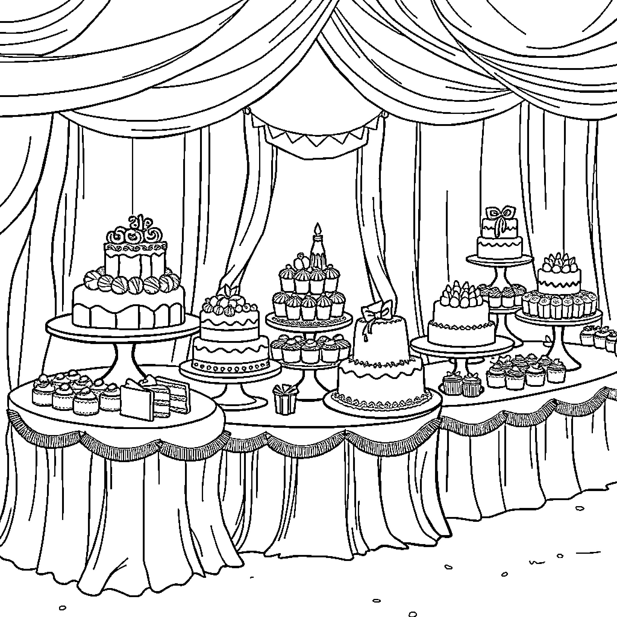 Cake Celebration with Variety of Desserts Coloring Page (free black-and-white line drawing printable PDF for all, from beginners to advanced learners, including children, teens, adults, and seniors)