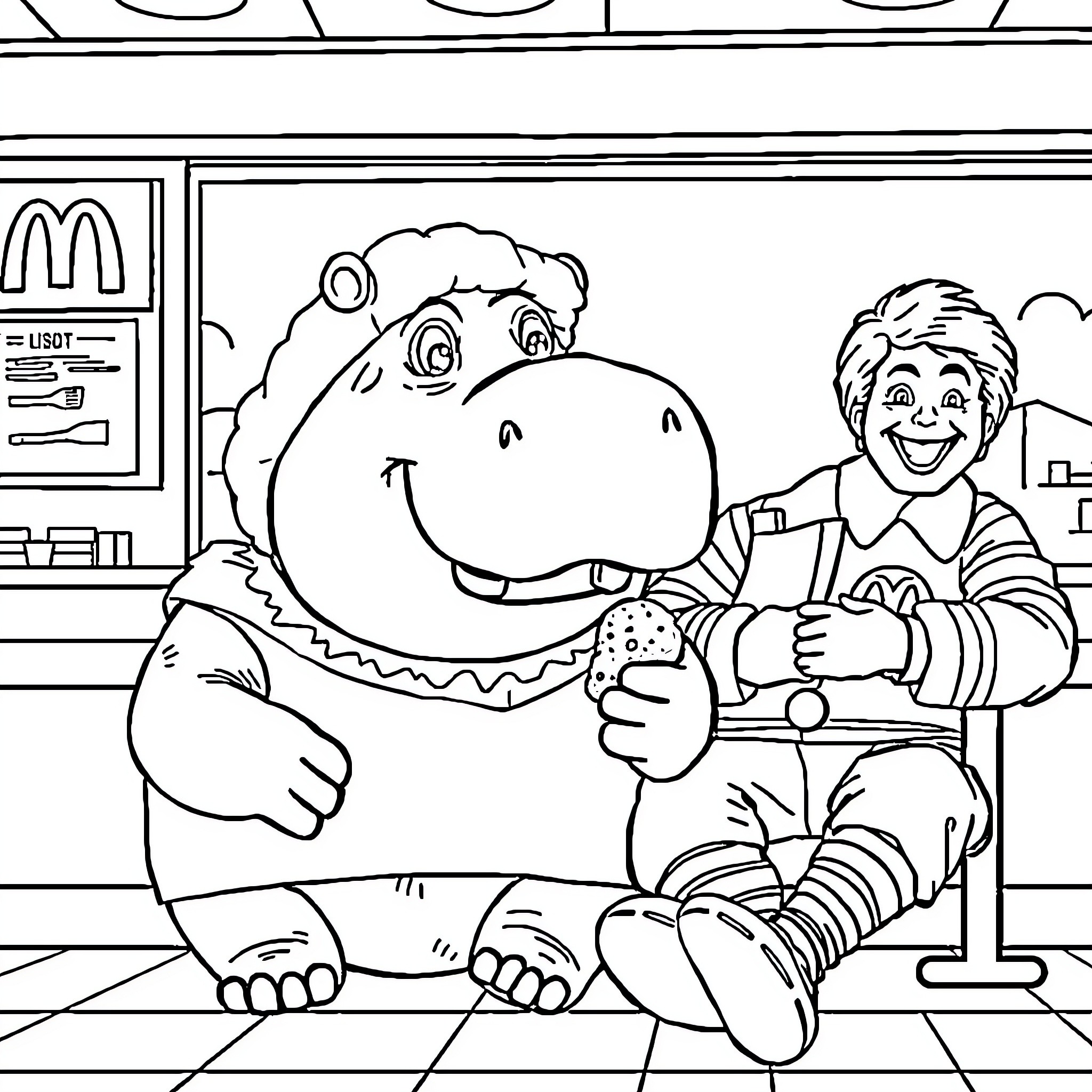 Hippo enjoying fast food with a smiling human Coloring Page (free black-and-white line drawing printable PDF for all, from beginners to advanced learners, including children, teens, adults, and seniors)