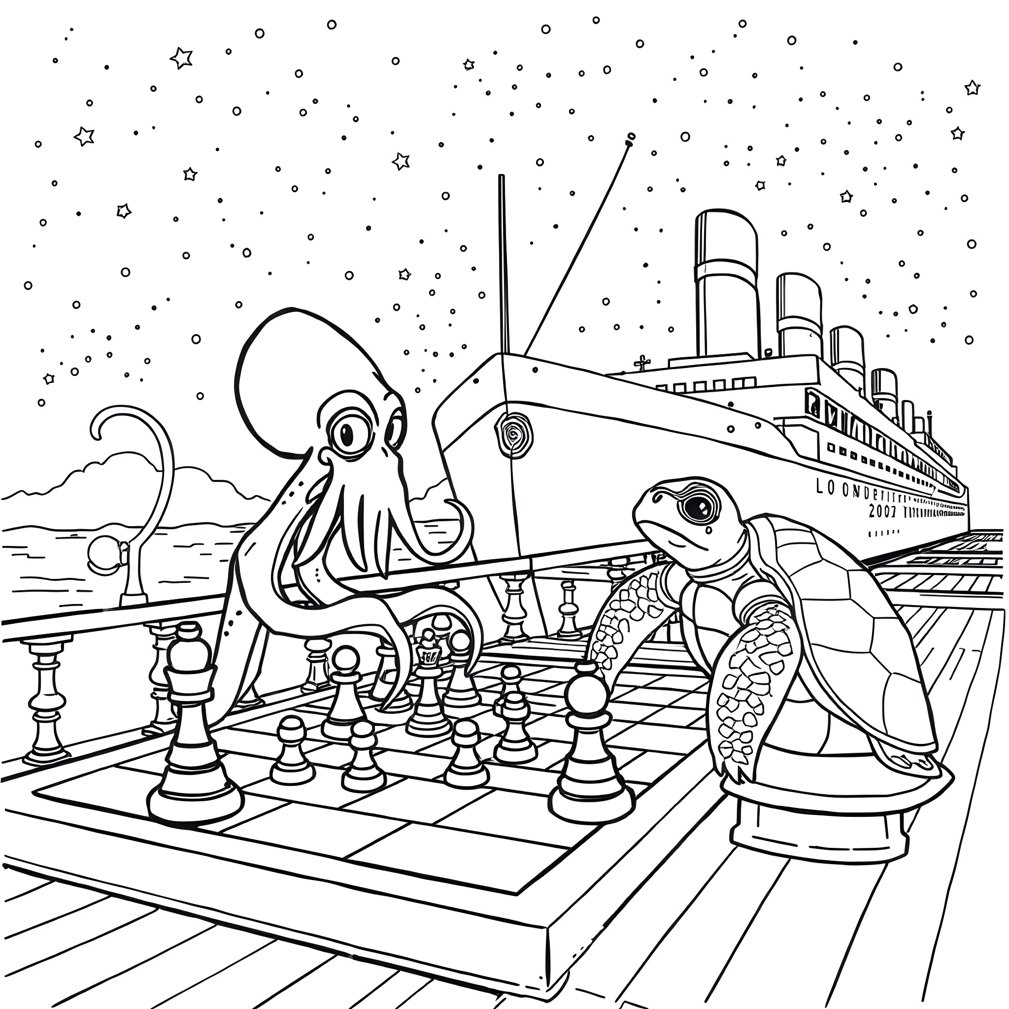 Squid playing chess with sea creatures on ship deck Coloring Page (free black-and-white line drawing printable PDF for all, from beginners to advanced learners, including children, teens, adults, and seniors)
