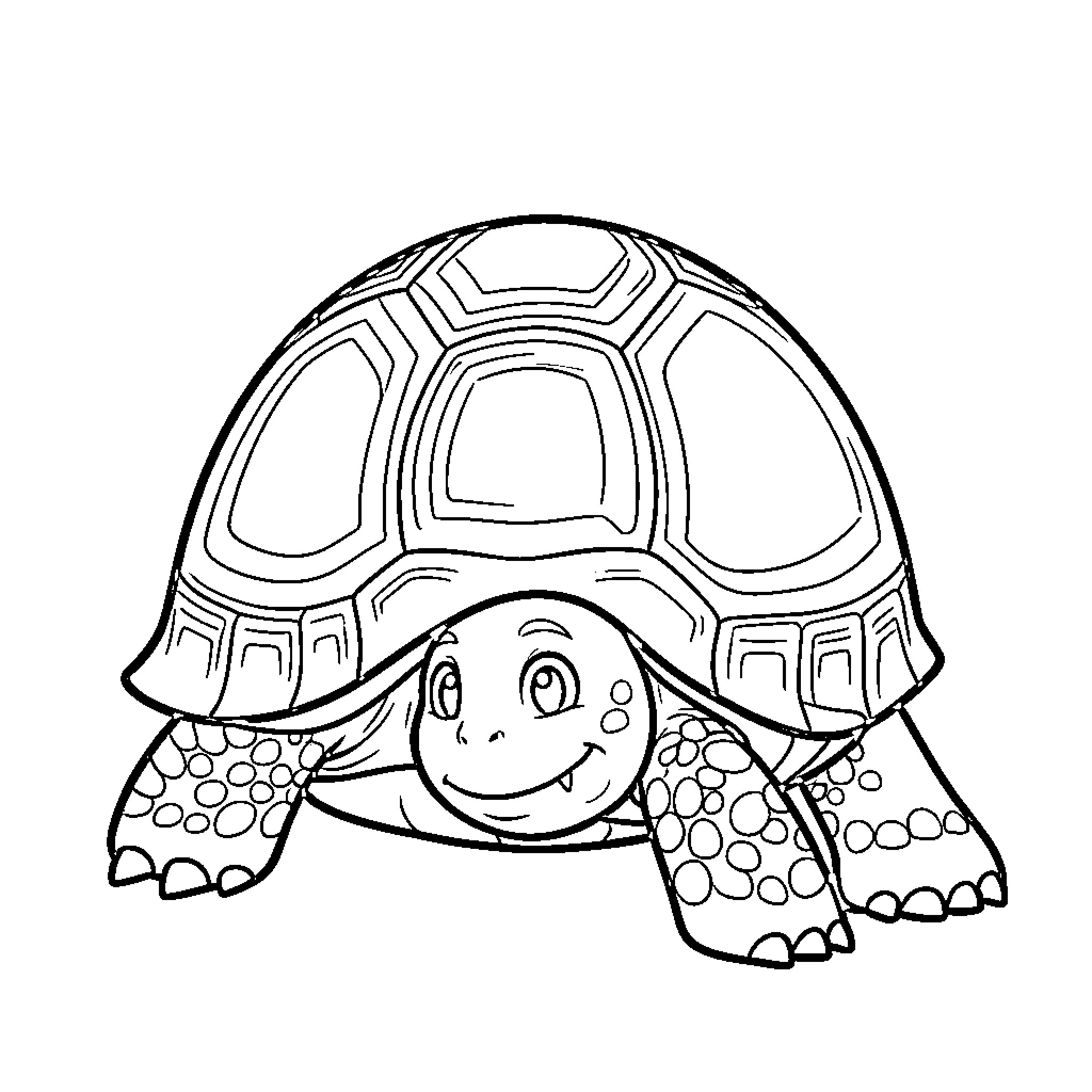 Tortuga with a friendly expression Coloring Page (free black-and-white line drawing printable PDF for all, from beginners to advanced learners, including children, teens, adults, and seniors)