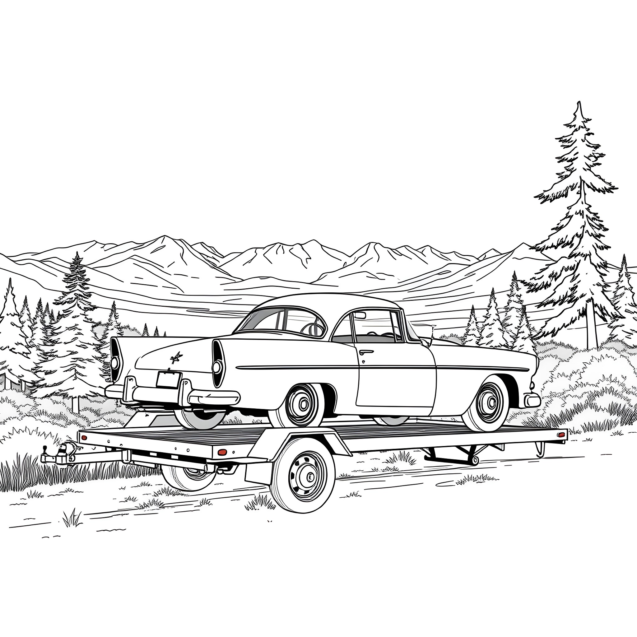 Car on a Tow Truck in a Scenic Landscape Coloring Page (free black-and-white line drawing printable PDF for all, from beginners to advanced learners, including children, teens, adults, and seniors)