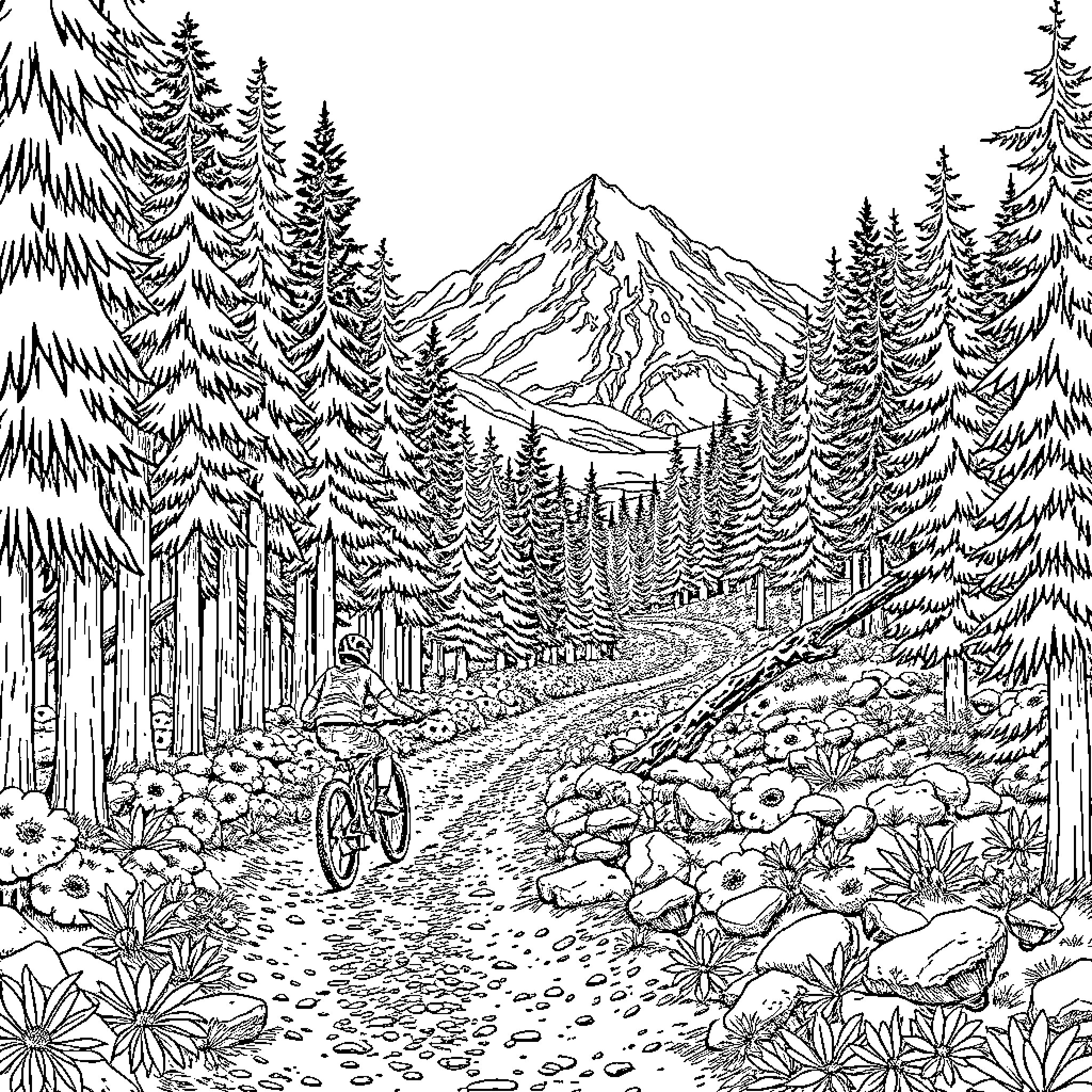 Mountain Biker Exploring Scenic Forest Trail Coloring Page (free black-and-white line drawing printable PDF for all, from beginners to advanced learners, including children, teens, adults, and seniors)