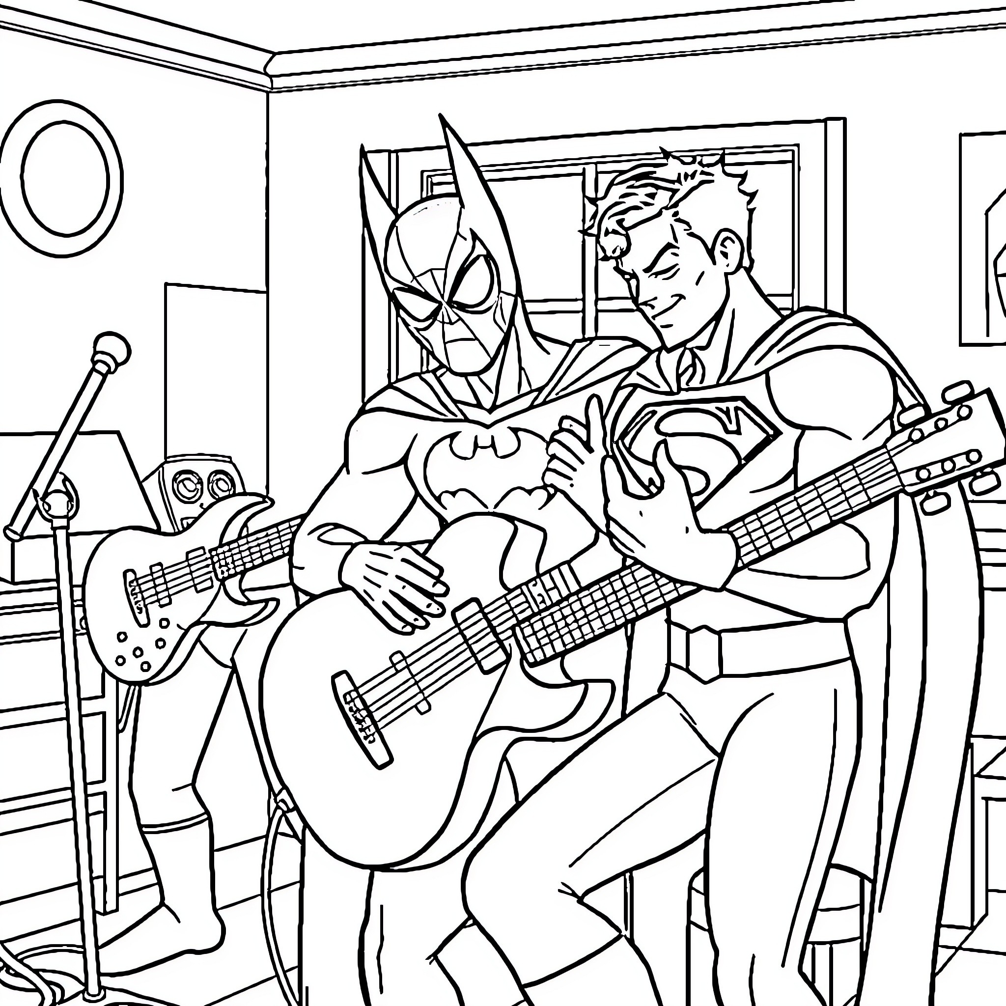 Superheroes Rocking Out Together in a Recording Studio Coloring Page (free black-and-white line drawing printable PDF for all, from beginners to advanced learners, including children, teens, adults, and seniors)