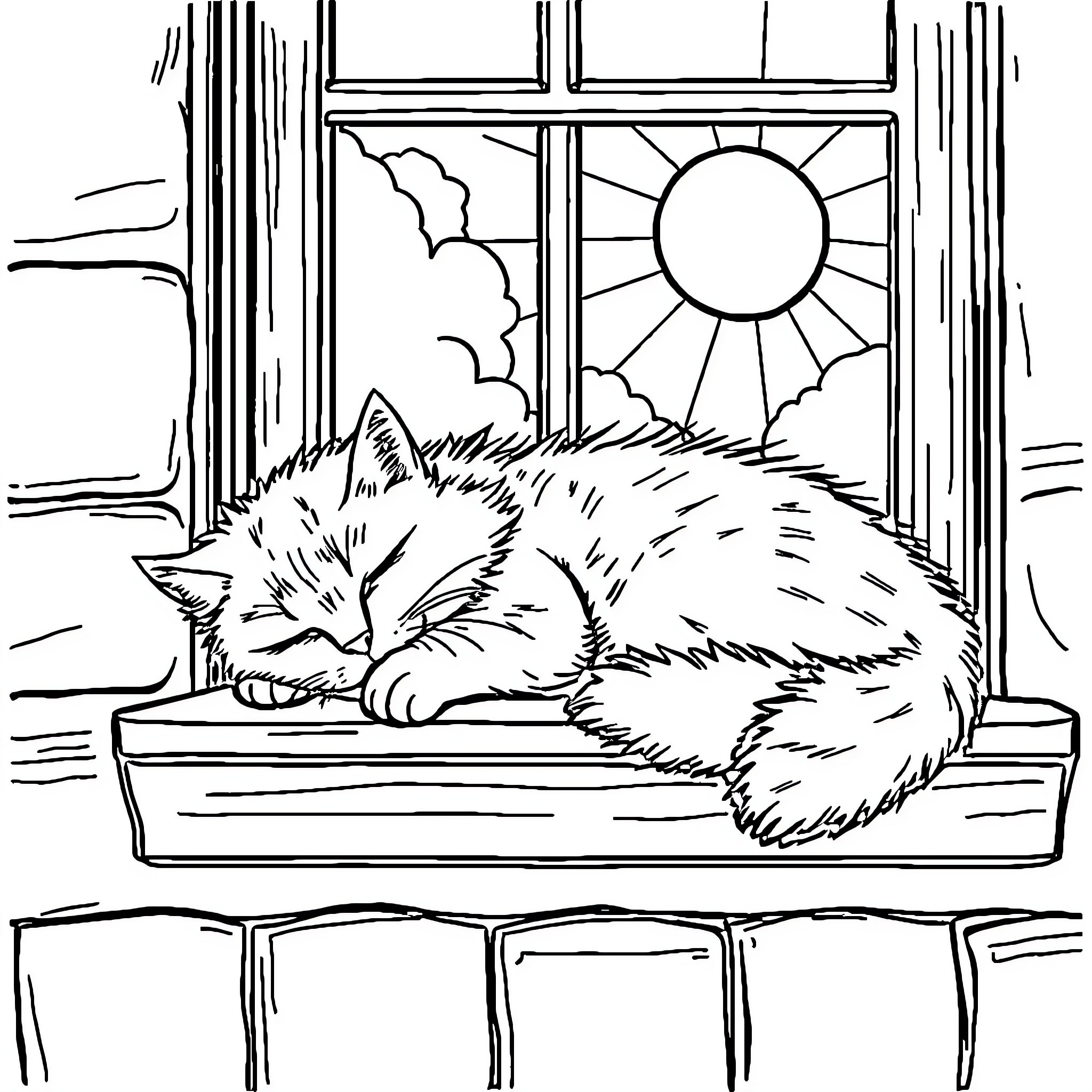 Cat napping peacefully by the window Coloring Page (free black-and-white line drawing printable PDF for all, from beginners to advanced learners, including children, teens, adults, and seniors)